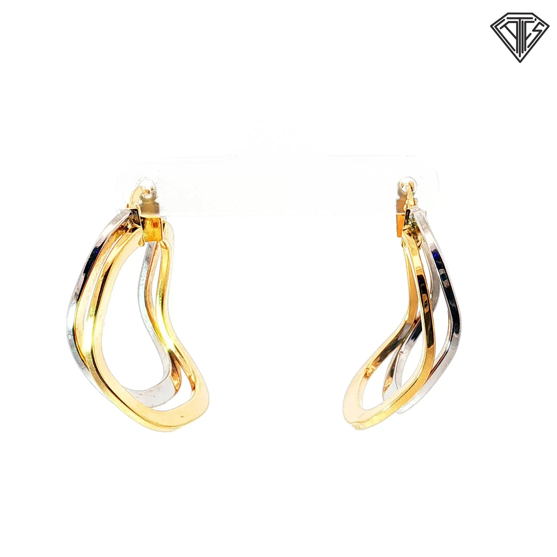 18k Two Tone Square Wave Wide Polished Hoop Earrings 6.0 gram