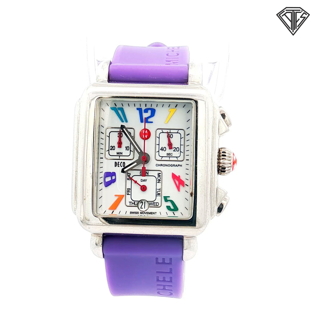 Pre-Loved Michele Deco Carousel Chronograph Arabic Numerals 33mm x 35mm White Enamel Dial Purple Silicone Strap Watch