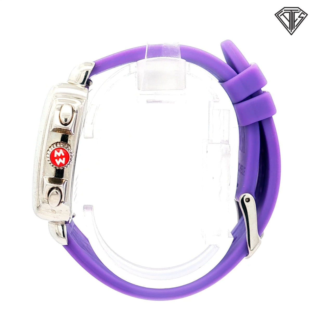 Pre-Loved Michele Deco Carousel Chronograph Arabic Numerals 33mm x 35mm White Enamel Dial Purple Silicone Strap Watch