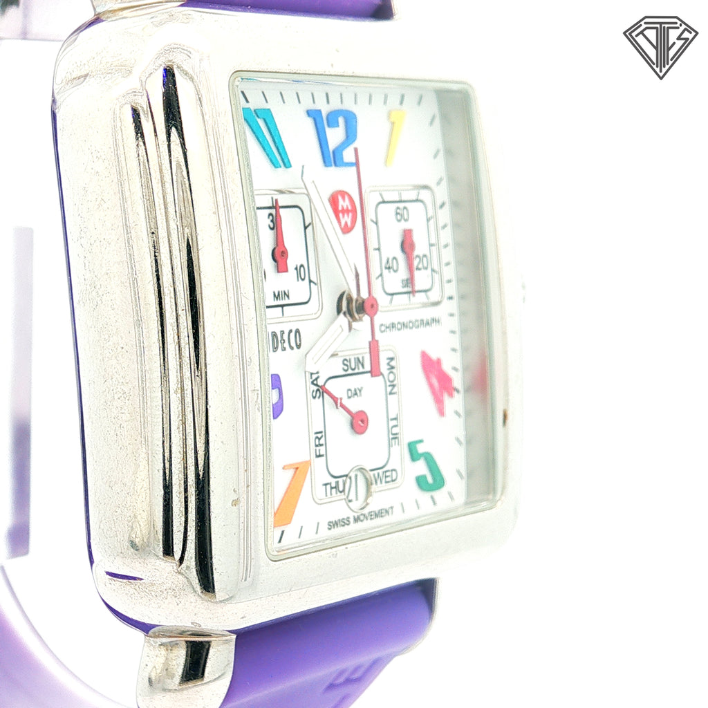Pre-Loved Michele Deco Carousel Chronograph Arabic Numerals 33mm x 35mm White Enamel Dial Purple Silicone Strap Watch