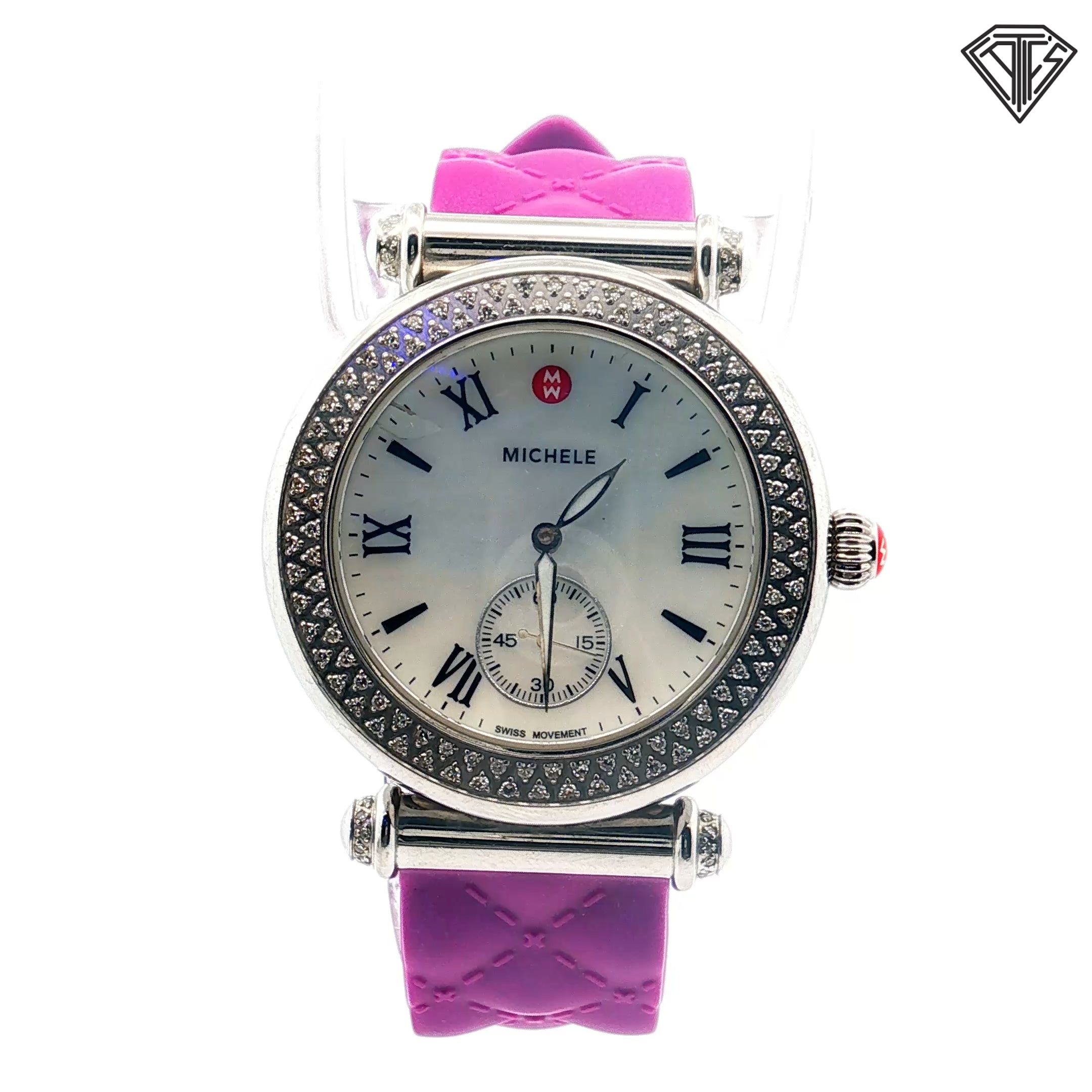 Pre-Loved Michele Caber Diamond /Mother Of Pearl Dial/ Dice Bezel Silicone Purple Strap Watch