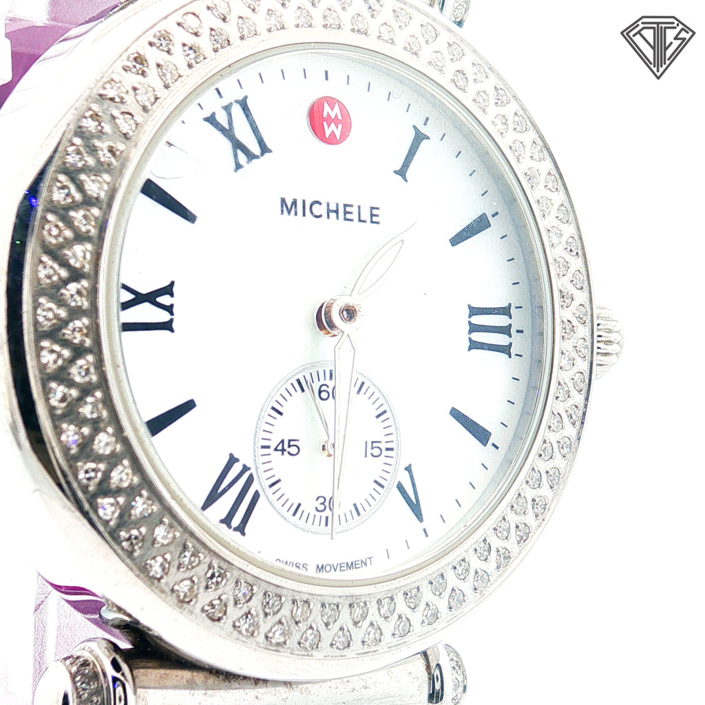Pre-Loved Michele Caber Diamond /Mother Of Pearl Dial/ Dice Bezel Silicone Purple Strap Watch