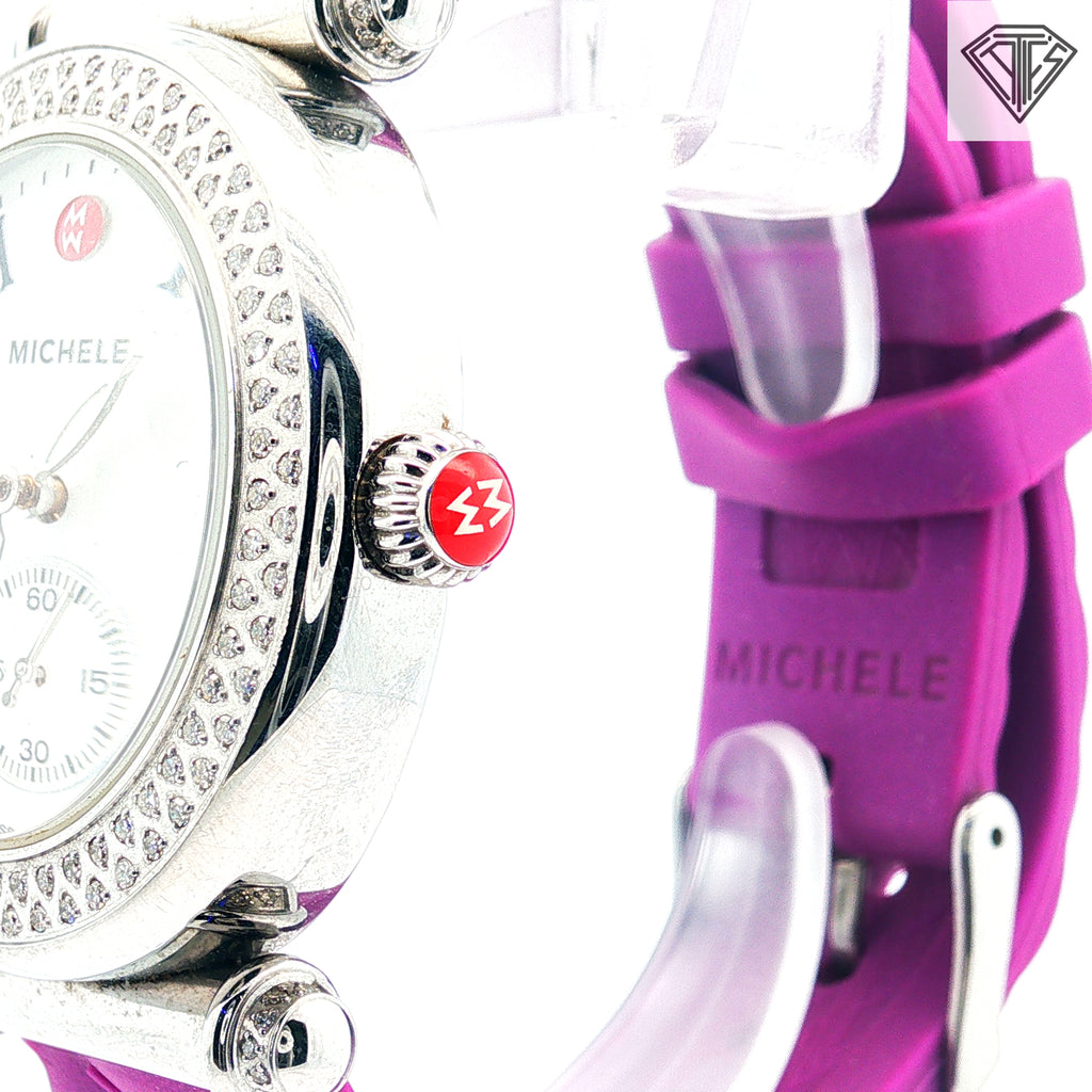 Pre-Loved Michele Caber Diamond /Mother Of Pearl Dial/ Dice Bezel Silicone Purple Strap Watch
