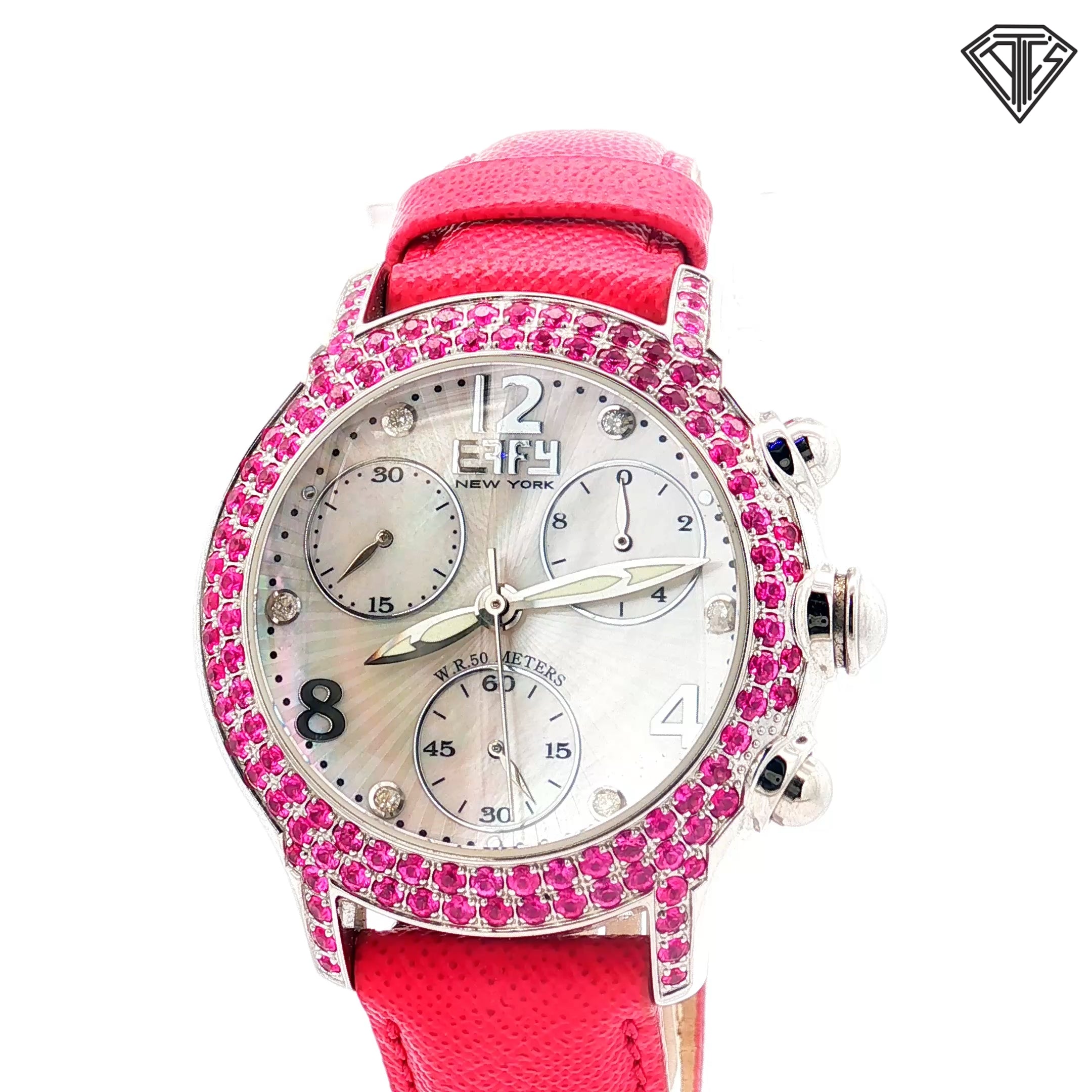 Pre-Loved Effy Fashion Chronograph/ Pink Sapphire Bezel / Mother of Pearl / Dial Crystal Hour Marks / Bright Pink Leather Band / 36mm