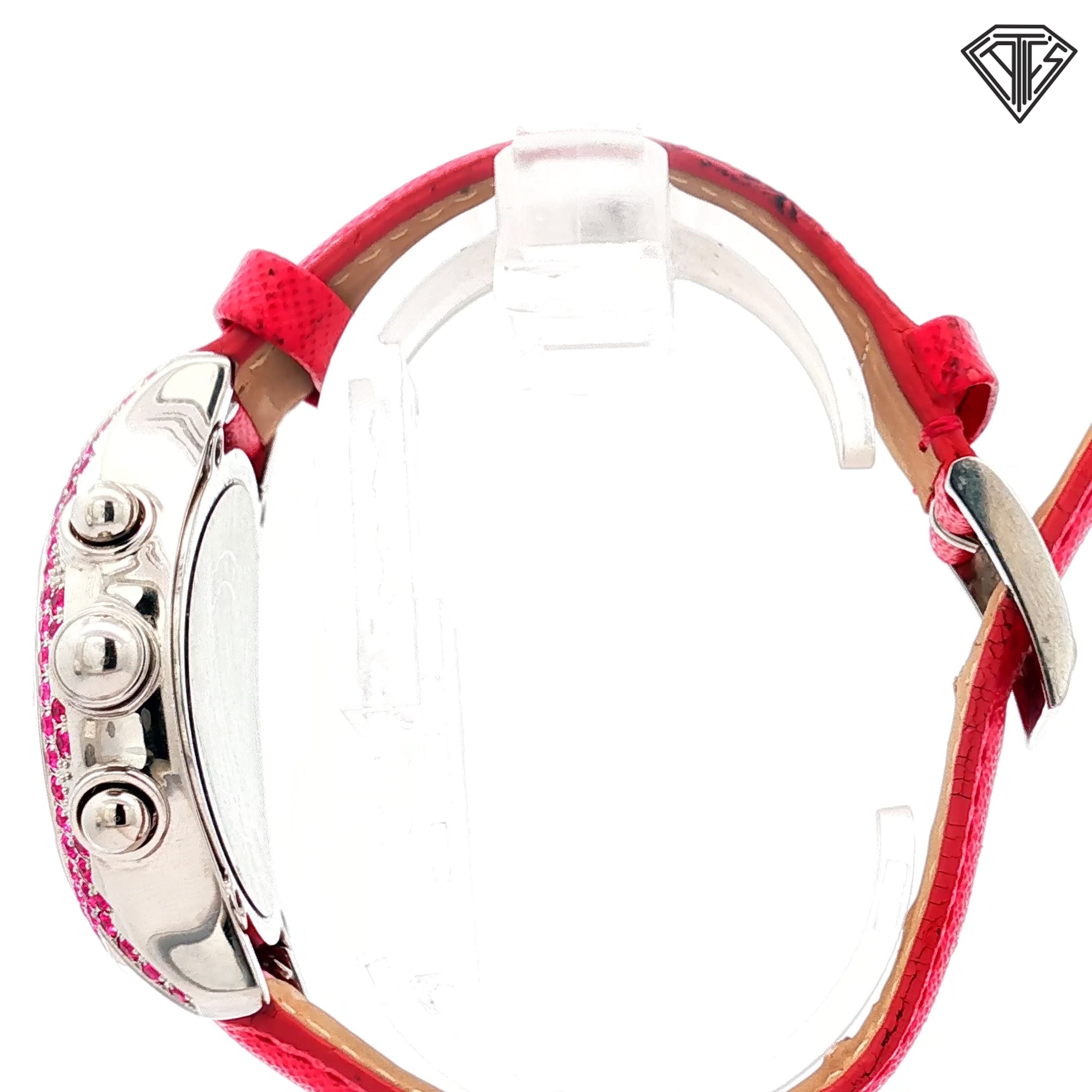 Pre-Loved Effy Fashion Chronograph/ Pink Sapphire Bezel / Mother of Pearl / Dial Crystal Hour Marks / Bright Pink Leather Band / 36mm