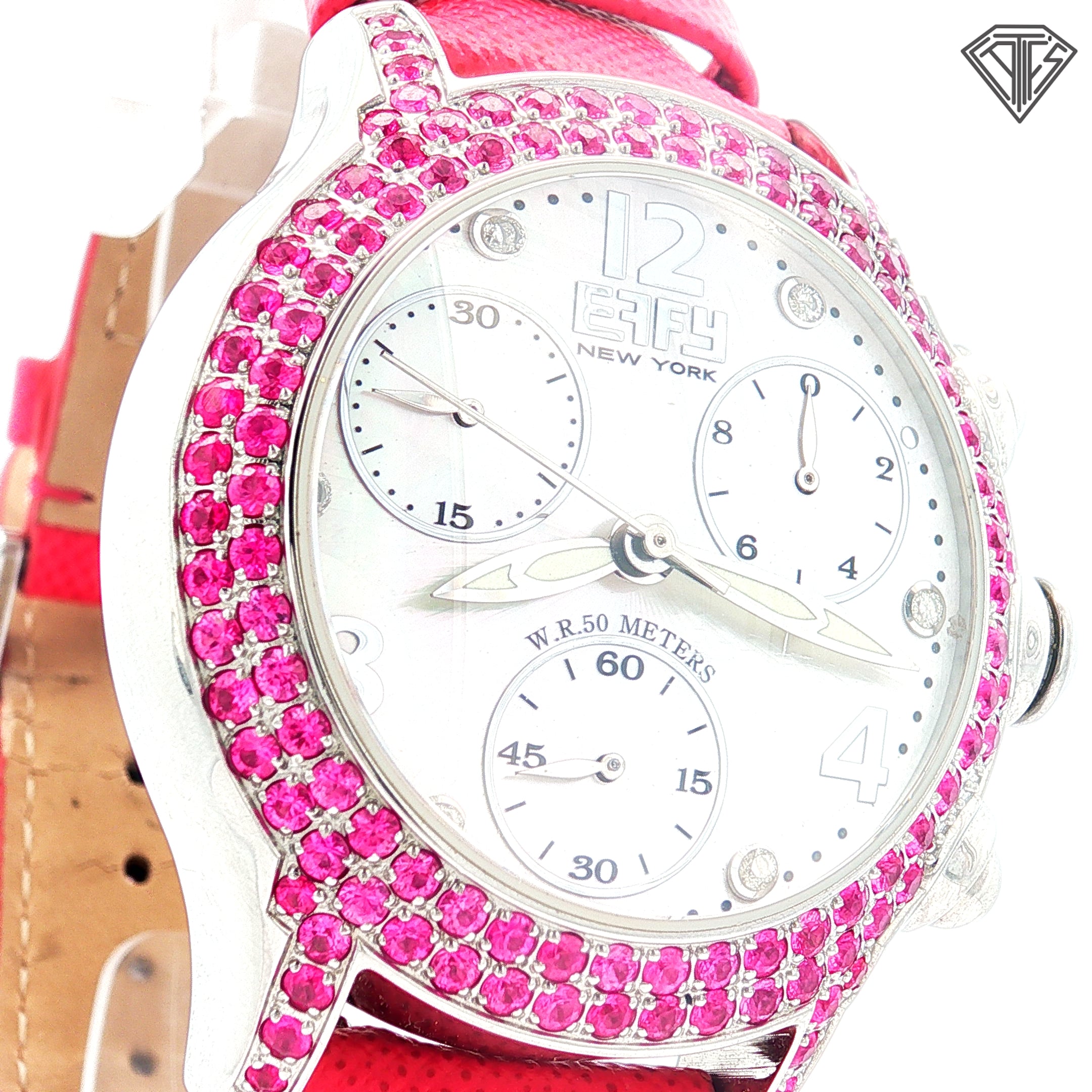 Pre-Loved Effy Fashion Chronograph/ Pink Sapphire Bezel / Mother of Pearl / Dial Crystal Hour Marks / Bright Pink Leather Band / 36mm