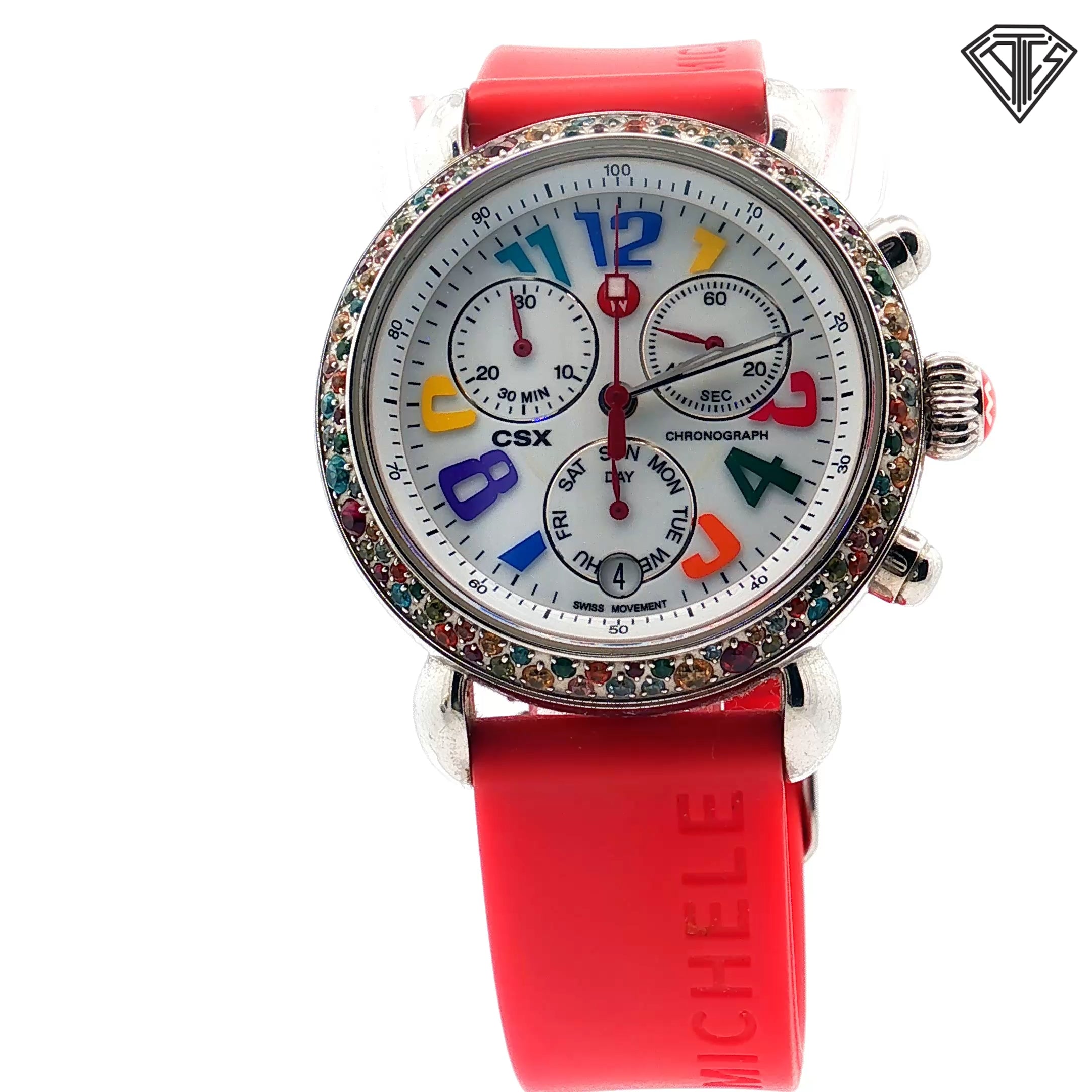 Pre-Loved Michele CSX Carousel Chronograph /White Dial /Rainbow Sapphire Style Bezel /Red Silicone Band / 36mm Watch