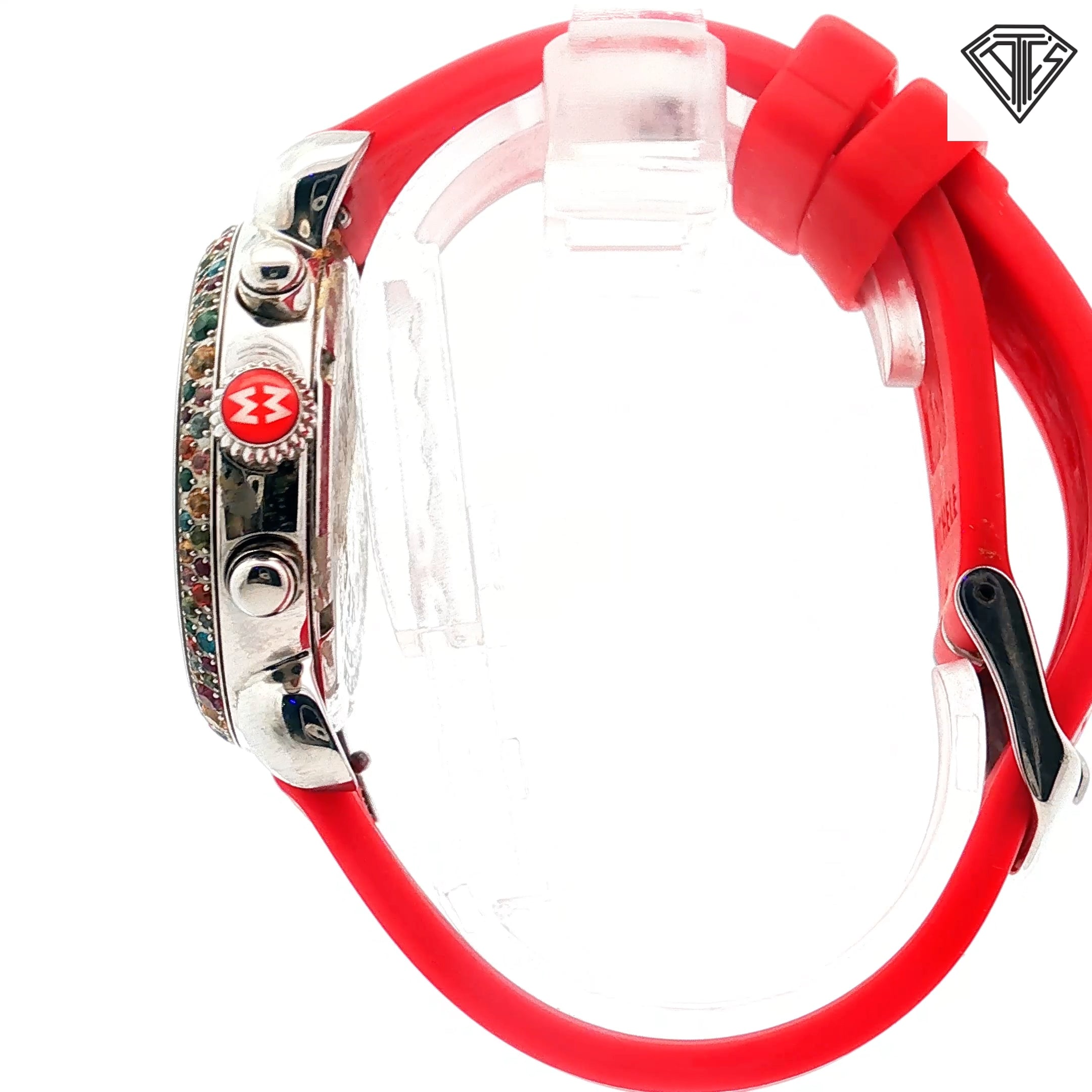 Pre-Loved Michele CSX Carousel Chronograph /White Dial /Rainbow Sapphire Style Bezel /Red Silicone Band / 36mm Watch