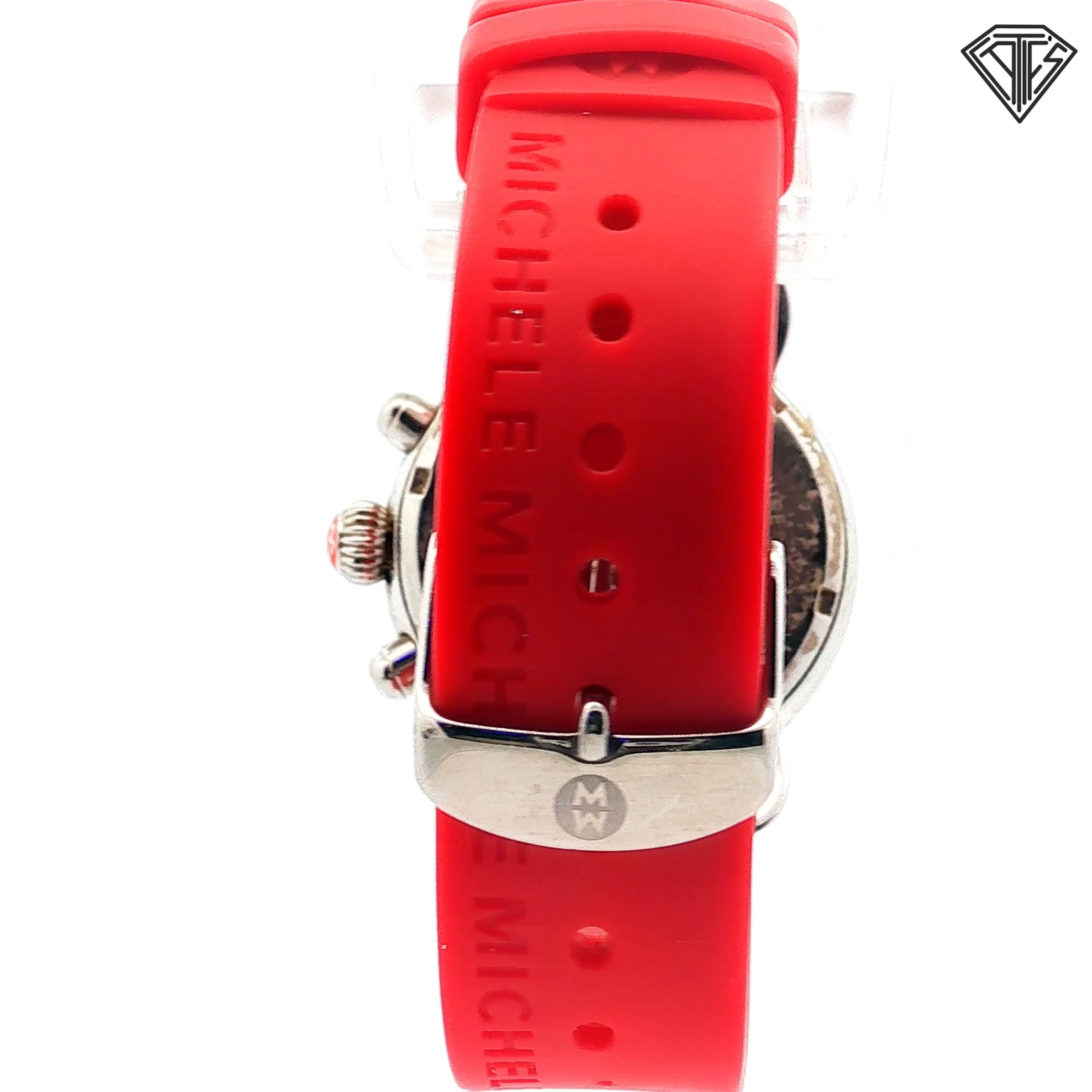 Pre-Loved Michele CSX Carousel Chronograph /White Dial /Rainbow Sapphire Style Bezel /Red Silicone Band / 36mm Watch