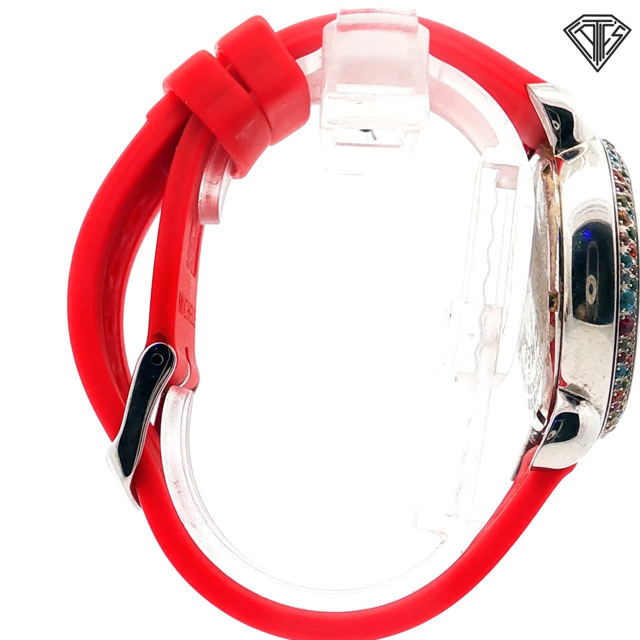 Pre-Loved Michele CSX Carousel Chronograph /White Dial /Rainbow Sapphire Style Bezel /Red Silicone Band / 36mm Watch