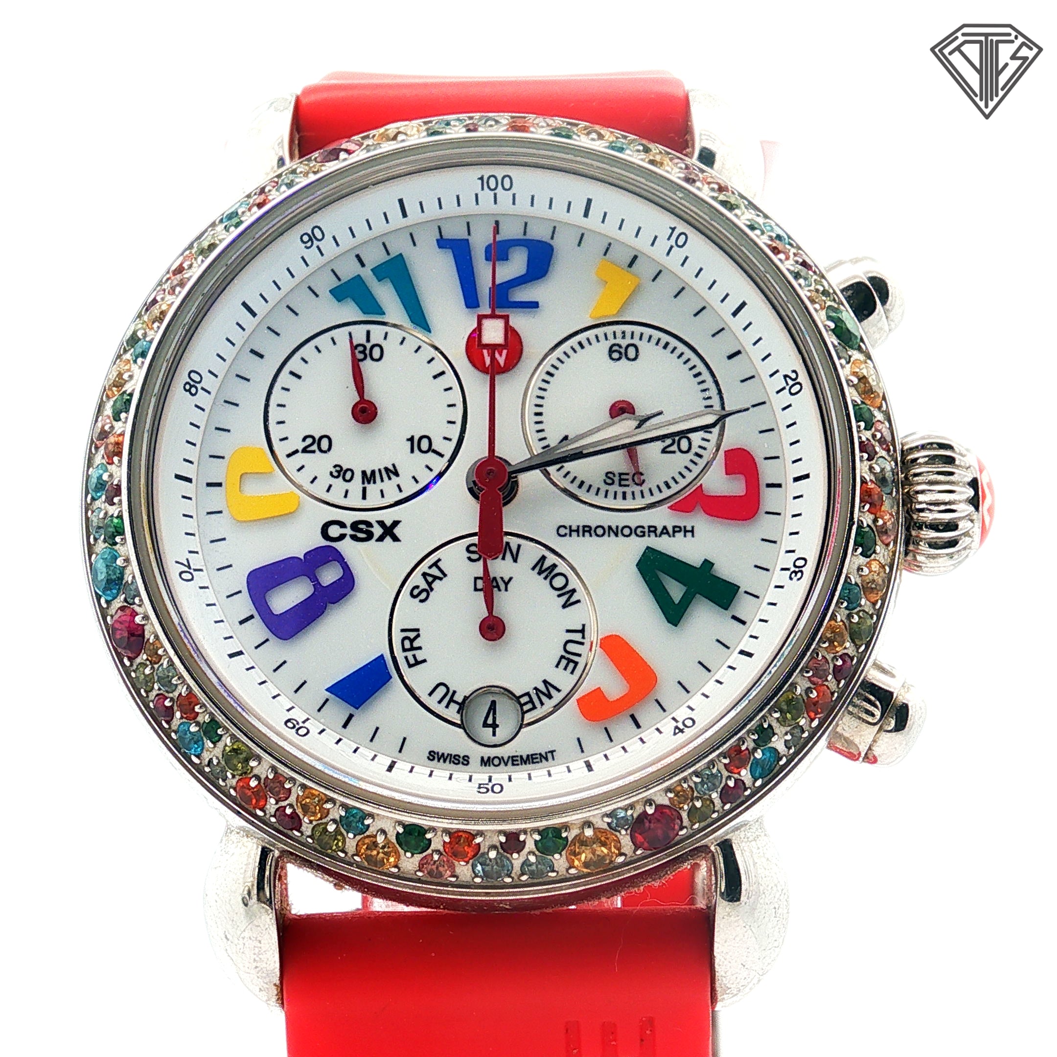 Pre-Loved Michele CSX Carousel Chronograph /White Dial /Rainbow Sapphire Style Bezel /Red Silicone Band / 36mm Watch