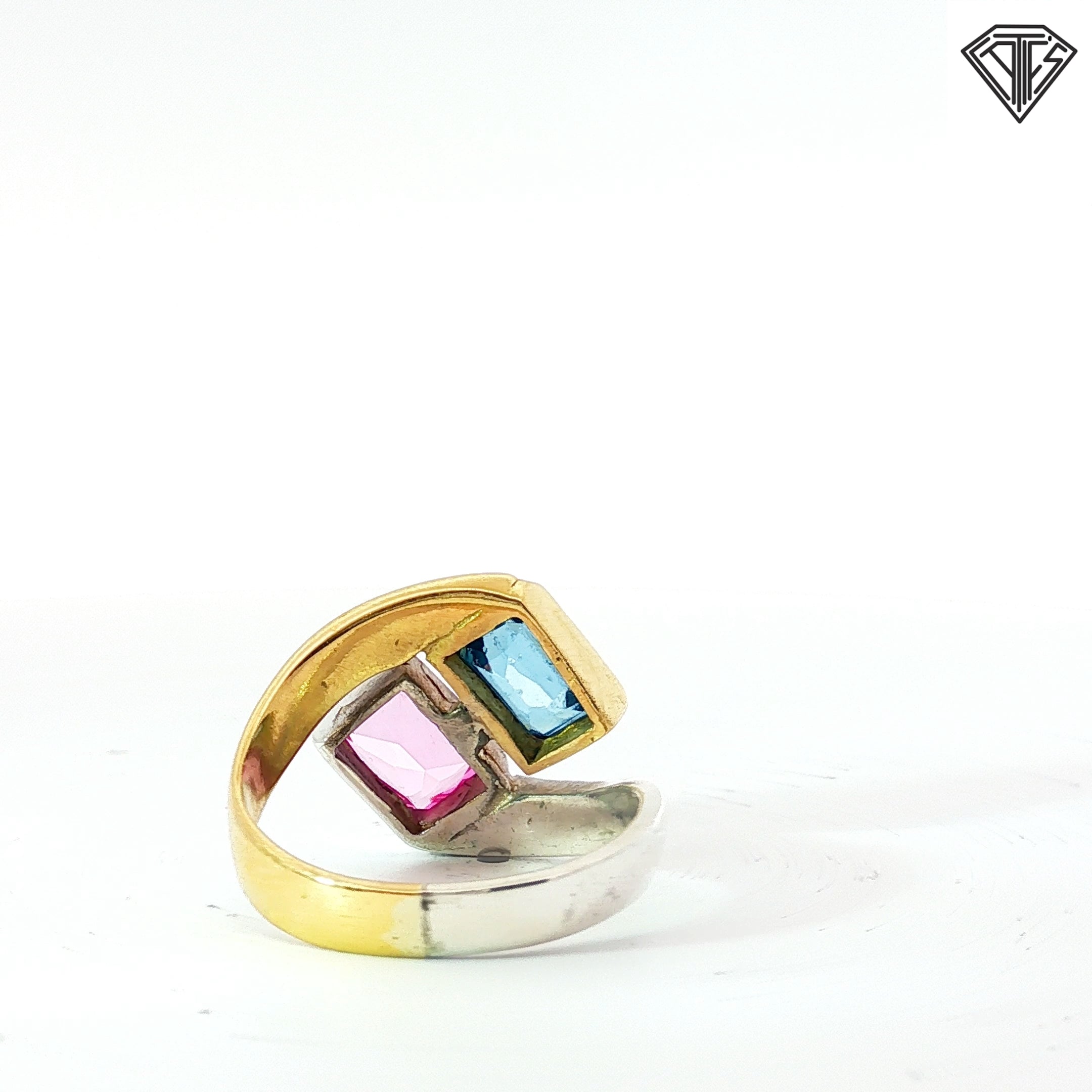 14k Yellow Gold and Silver Toi et Moi with 7x5 Emerald Cut Pink/ Blue Topaz Ring Size 6