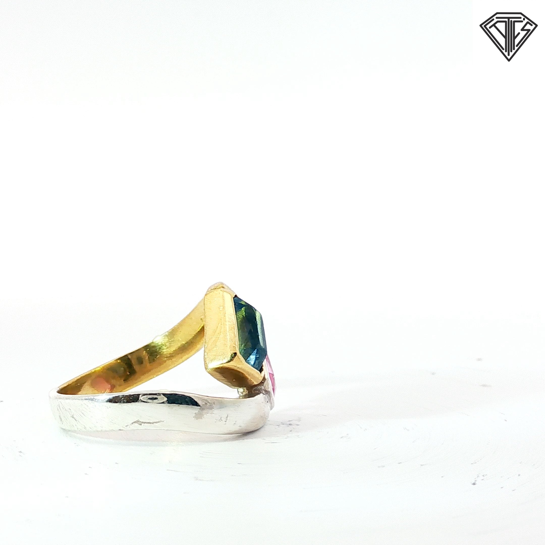 14k Yellow Gold and Silver Toi et Moi with 7x5 Emerald Cut Pink/ Blue Topaz Ring Size 6