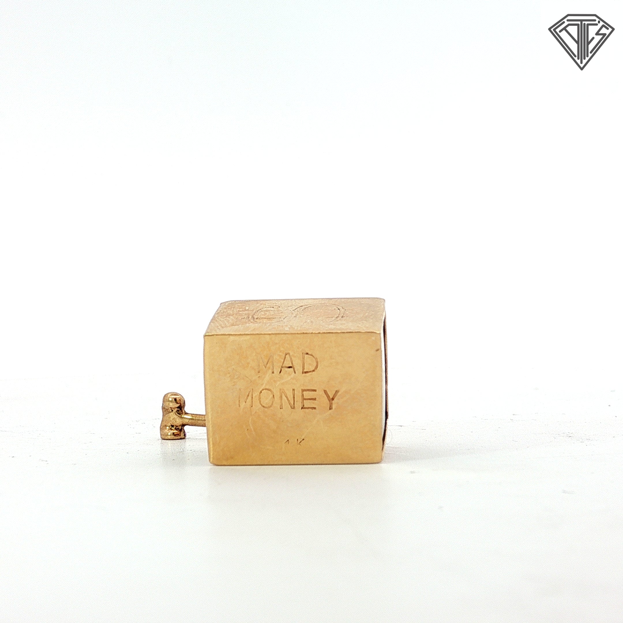 14k Yellow Gold Vintage Mad Monel Emergency Folded $1.00 Bill Pendant Tall 7/8" (21.5mm) Wide 21/32 (16.5mm)