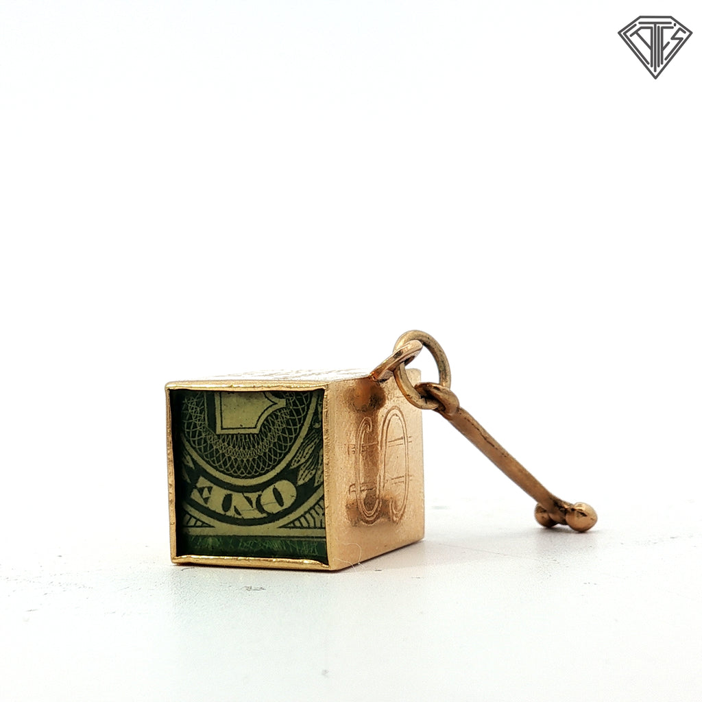 14k Yellow Gold Vintage Mad Monel Emergency Folded $1.00 Bill Pendant Tall 7/8" (21.5mm) Wide 21/32 (16.5mm)