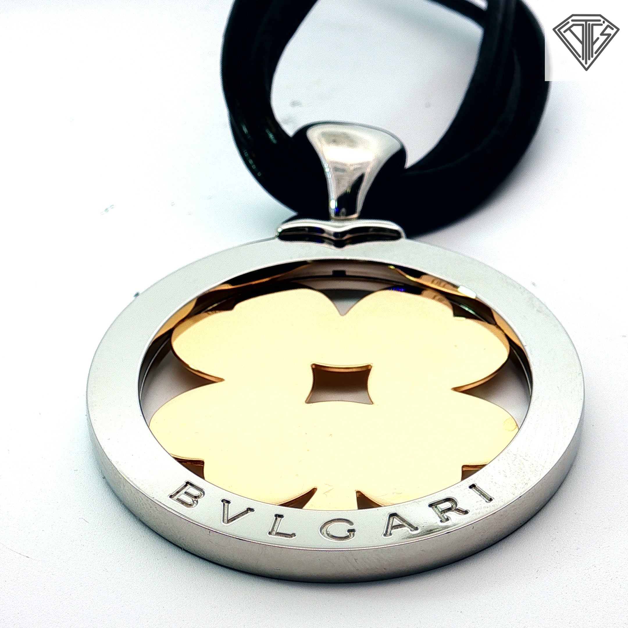 Pre-Loved Bvlgari 1990's 18k Yellow Gold Stainless Steel Leather Cord Clover Vintage Necklace 14"inch