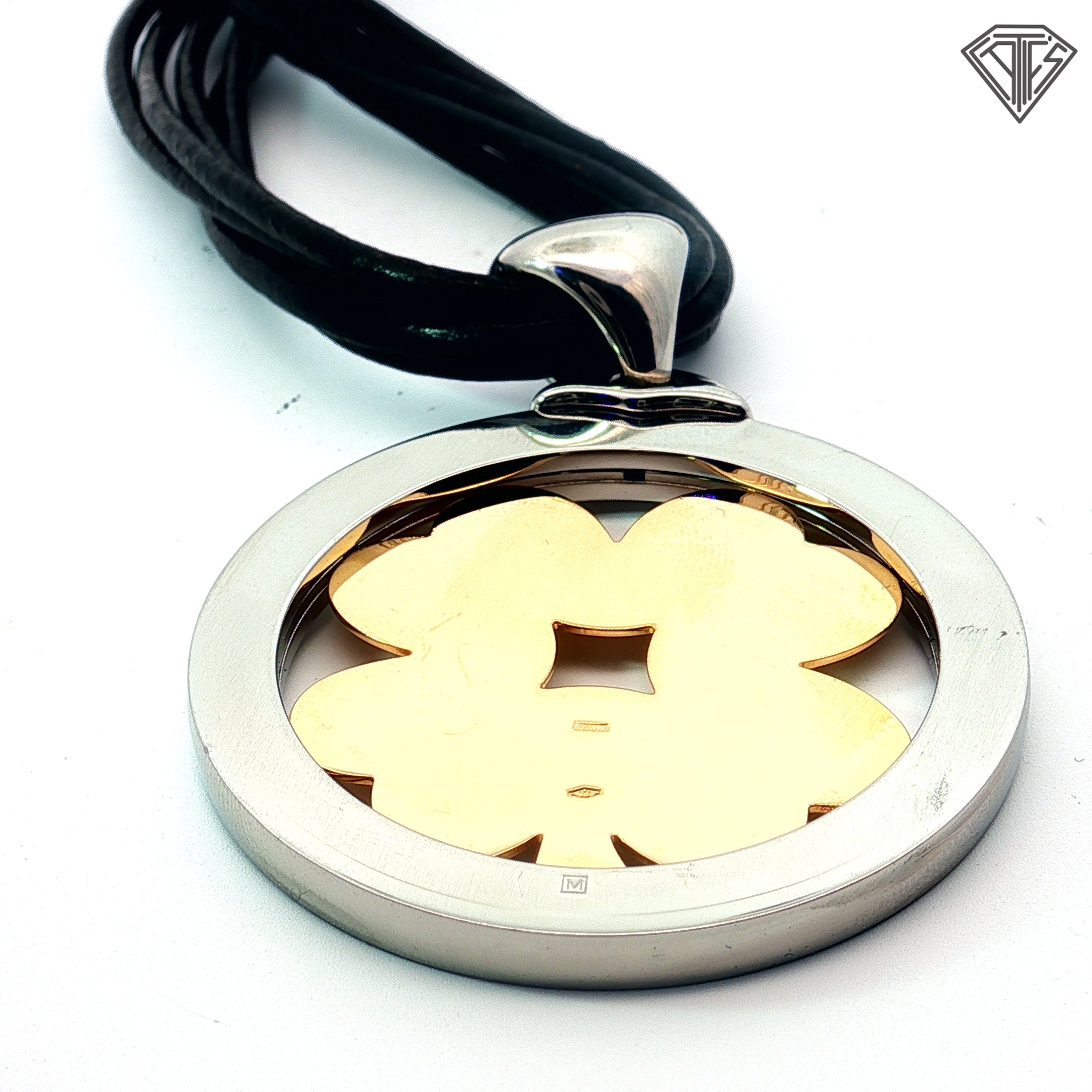 Pre-Loved Bvlgari 1990's 18k Yellow Gold Stainless Steel Leather Cord Clover Vintage Necklace 14"inch