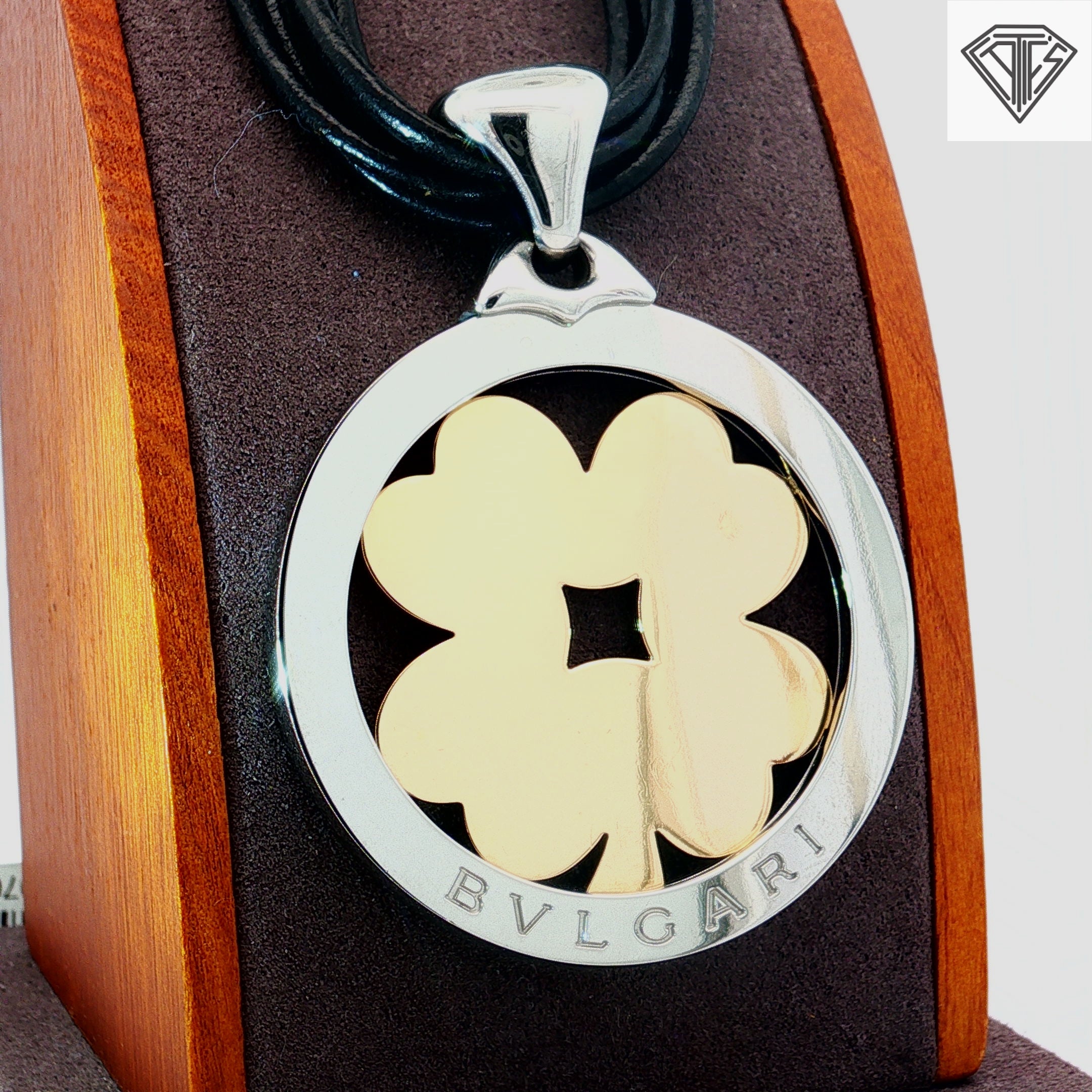 Pre-Loved Bvlgari 1990's 18k Yellow Gold Stainless Steel Leather Cord Clover Vintage Necklace 14"inch