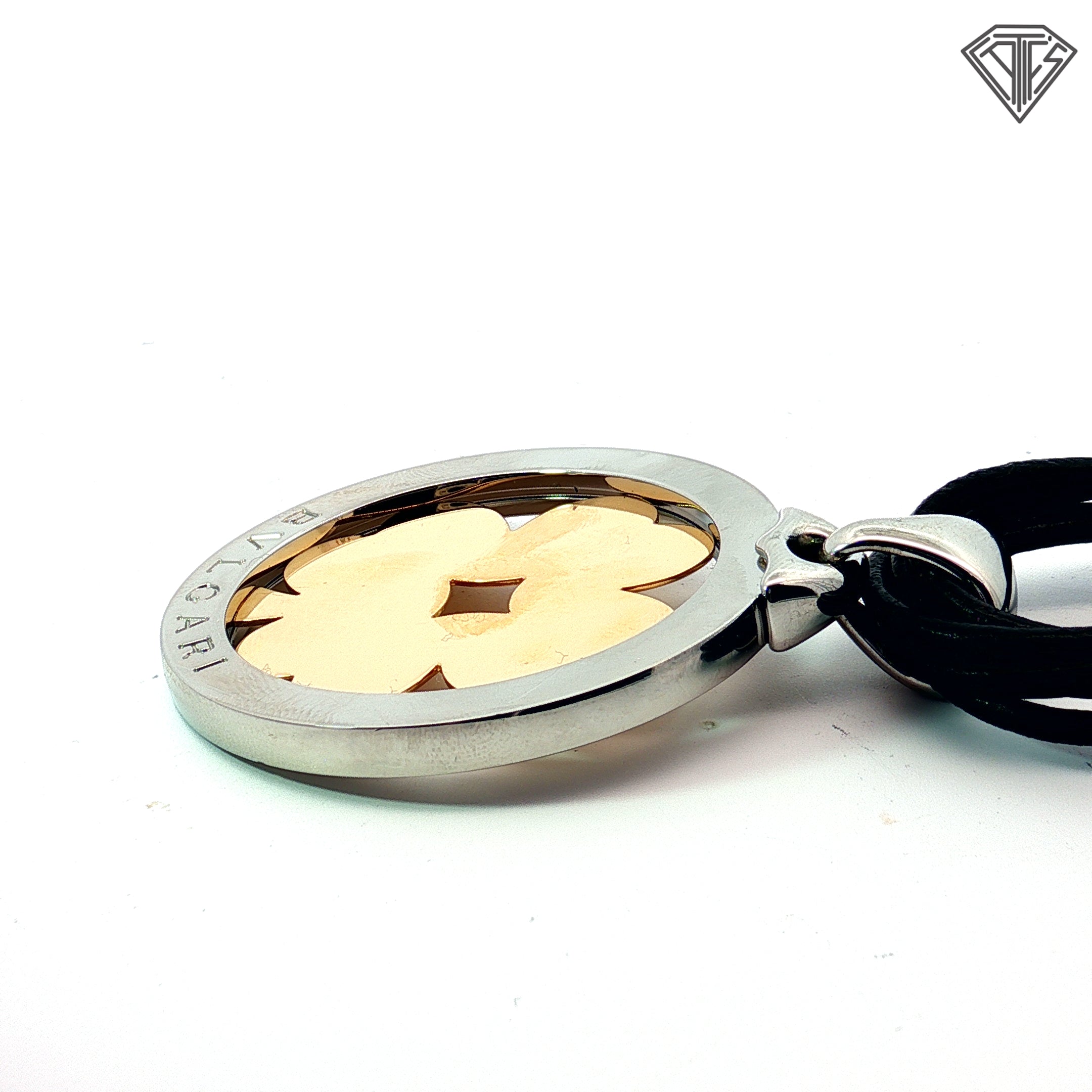 Pre-Loved Bvlgari 1990's 18k Yellow Gold Stainless Steel Leather Cord Clover Vintage Necklace 14"inch