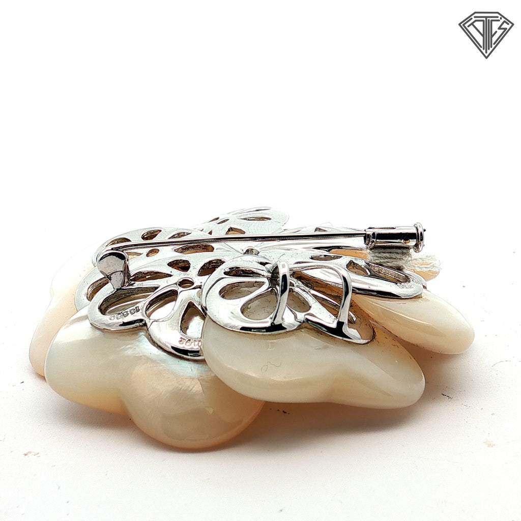 18k White Gold 1.00ct F SI1 Round Diamond (6) Mother of Pearl Heart Pedal Flower Pendant /Pin / Brooch / 44 gram