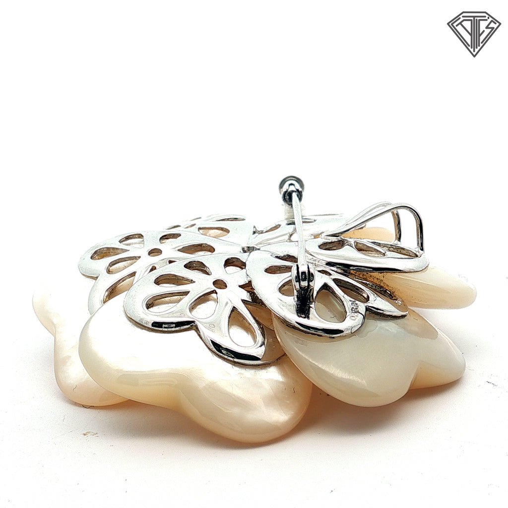 18k White Gold 1.00ct F SI1 Round Diamond (6) Mother of Pearl Heart Pedal Flower Pendant /Pin / Brooch / 44 gram
