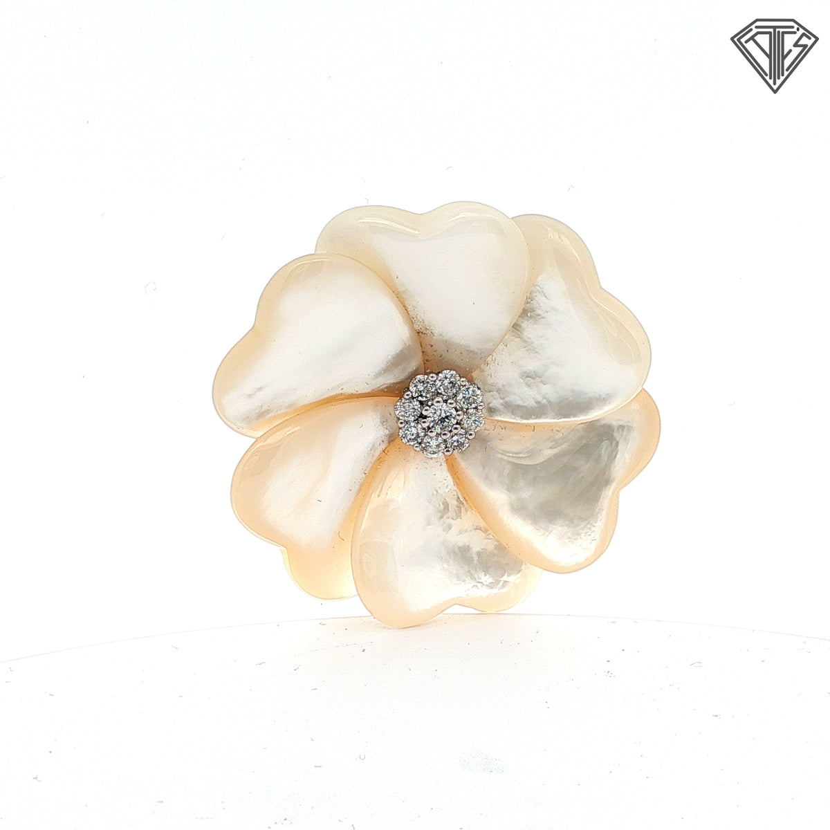 18k White Gold 1.00ct F SI1 Round Diamond (6) Mother of Pearl Heart Petal Flower Pendant /Pin / Brooch / 44 gram