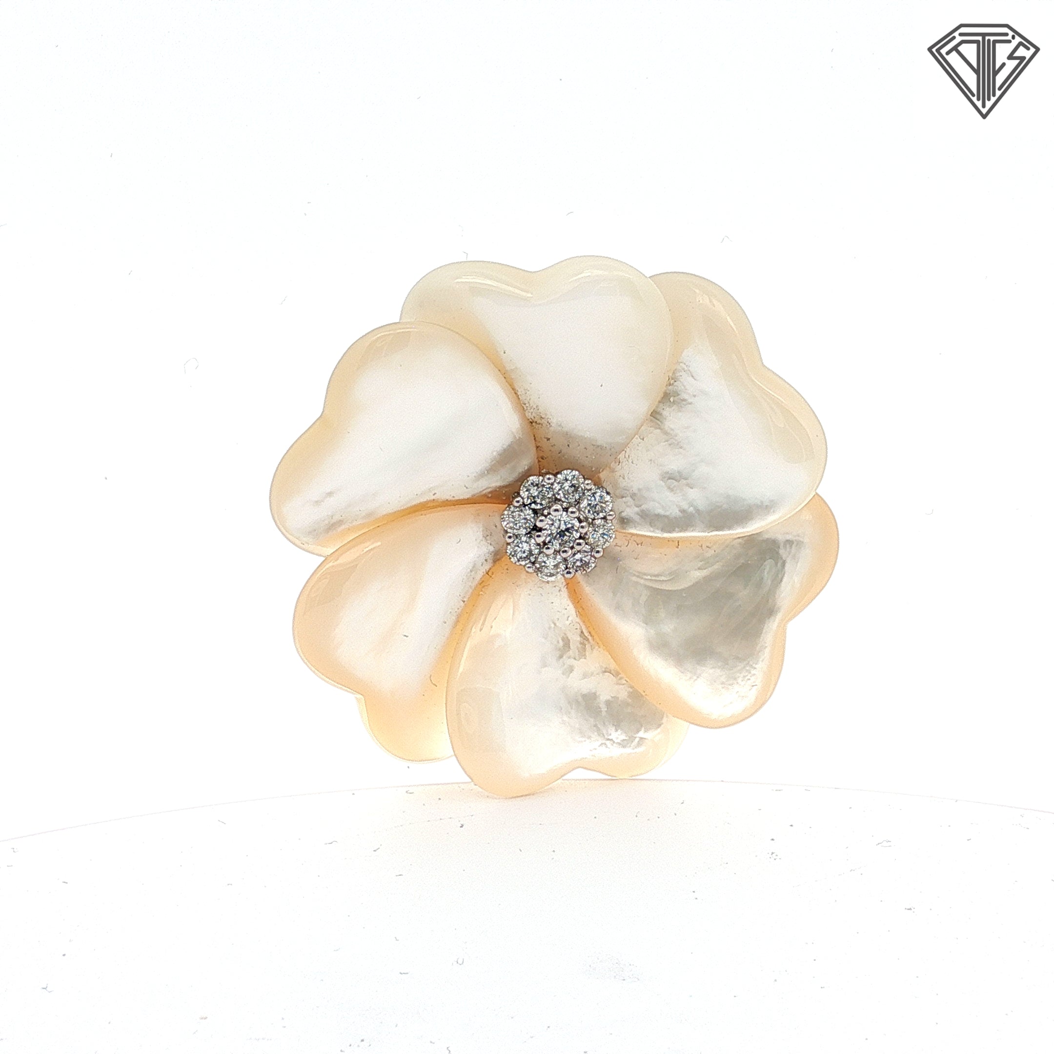18k White Gold 1.00ct F SI1 Round Diamond (6) Mother of Pearl Heart Pedal Flower Pendant /Pin / Brooch / 44 gram