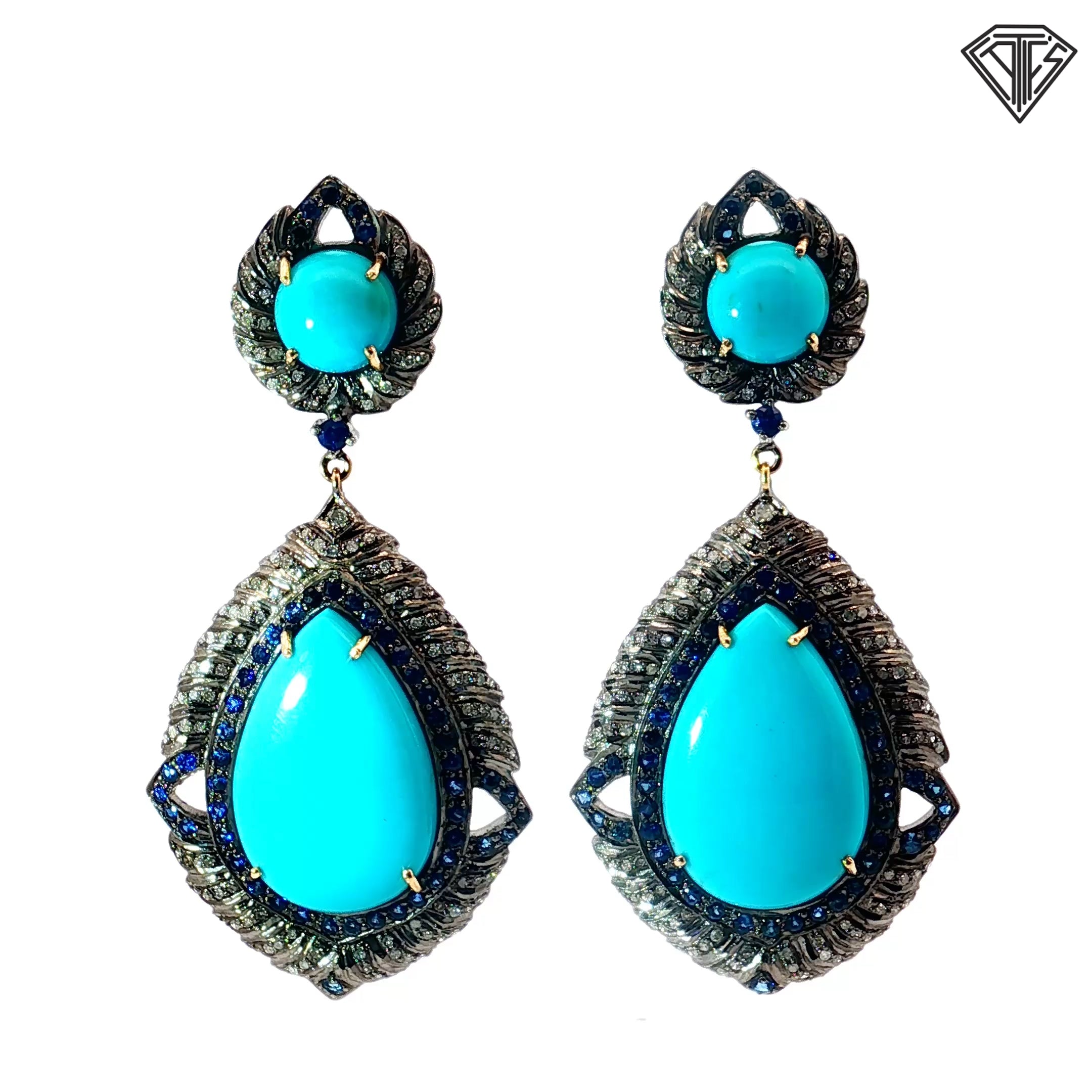 14k Yellow Gold and Silver 1.00ct Round Diamond / 2.50ct Round Sapphire and Round / Pear Shape Turquoise Drop Earrings