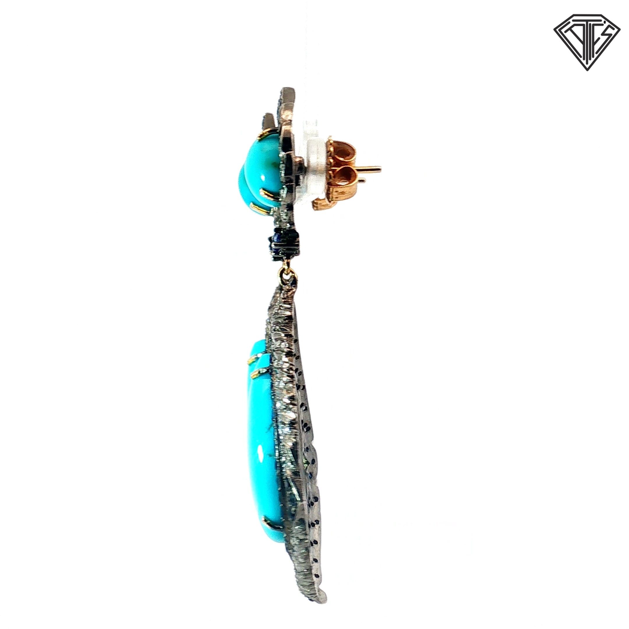 14k Yellow Gold and Silver 1.00ct Round Diamond / 2.50ct Round Sapphire and Round / Pear Shape Turquoise Drop Earrings