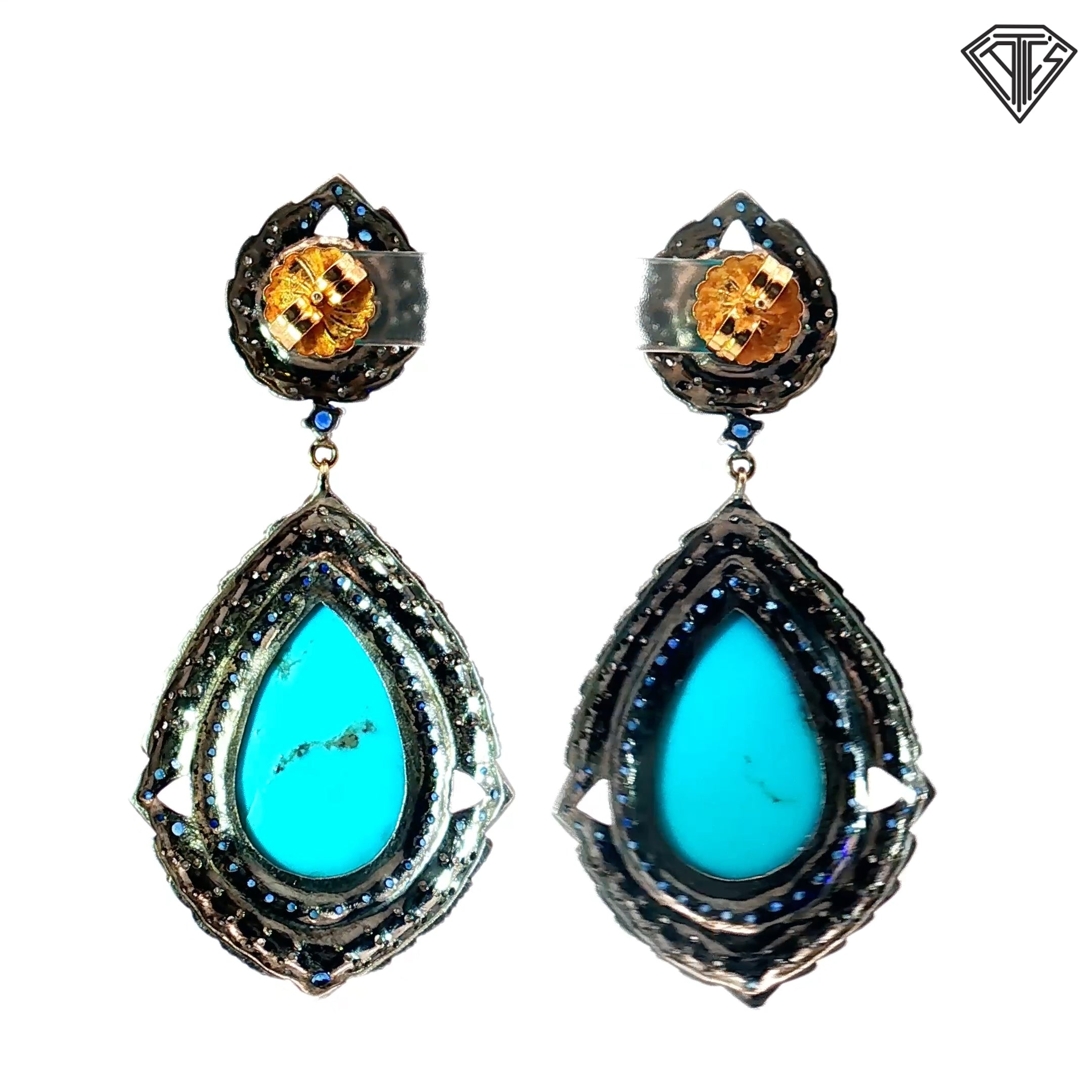 14k Yellow Gold and Silver 1.00ct Round Diamond / 2.50ct Round Sapphire and Round / Pear Shape Turquoise Drop Earrings