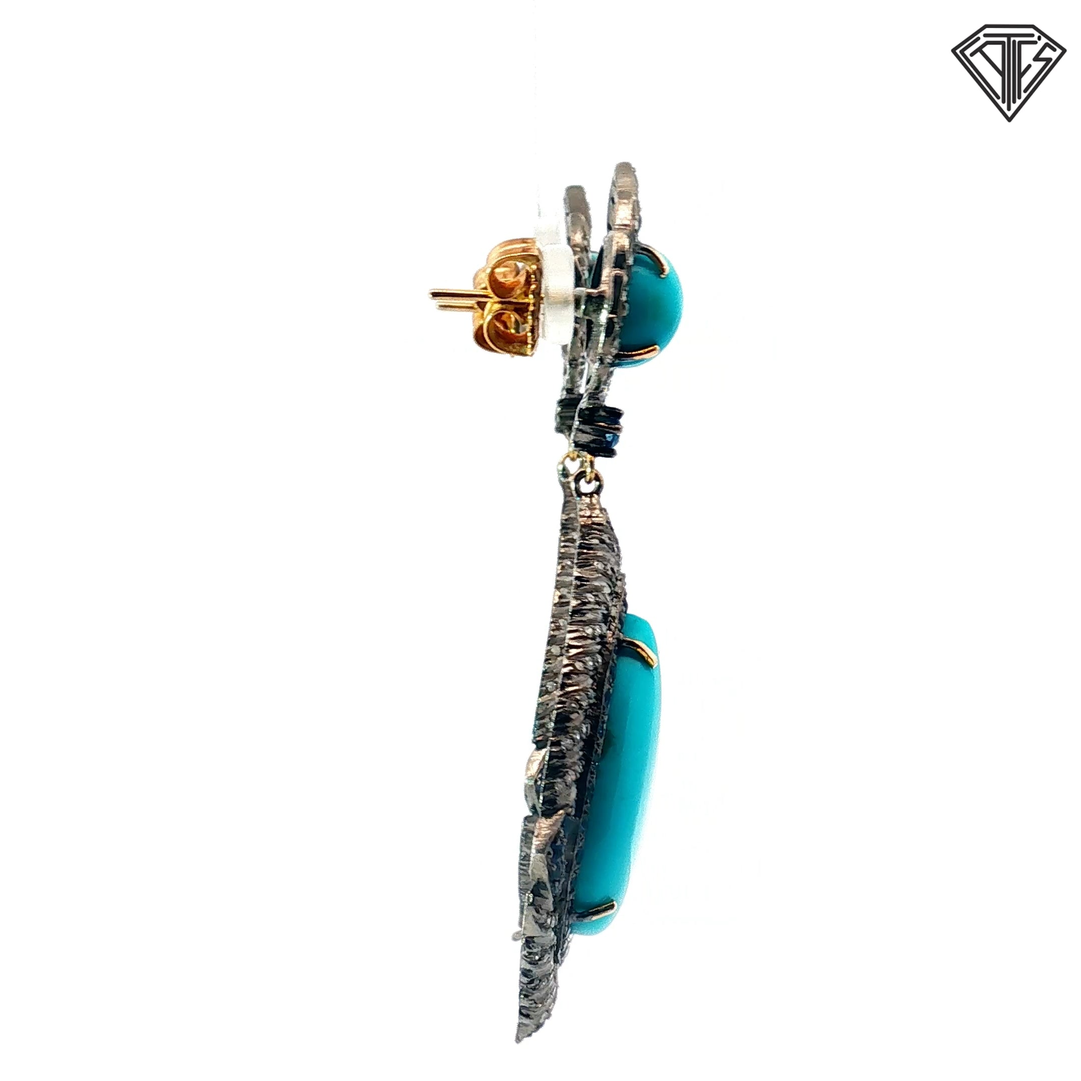 14k Yellow Gold and Silver 1.00ct Round Diamond / 2.50ct Round Sapphire and Round / Pear Shape Turquoise Drop Earrings