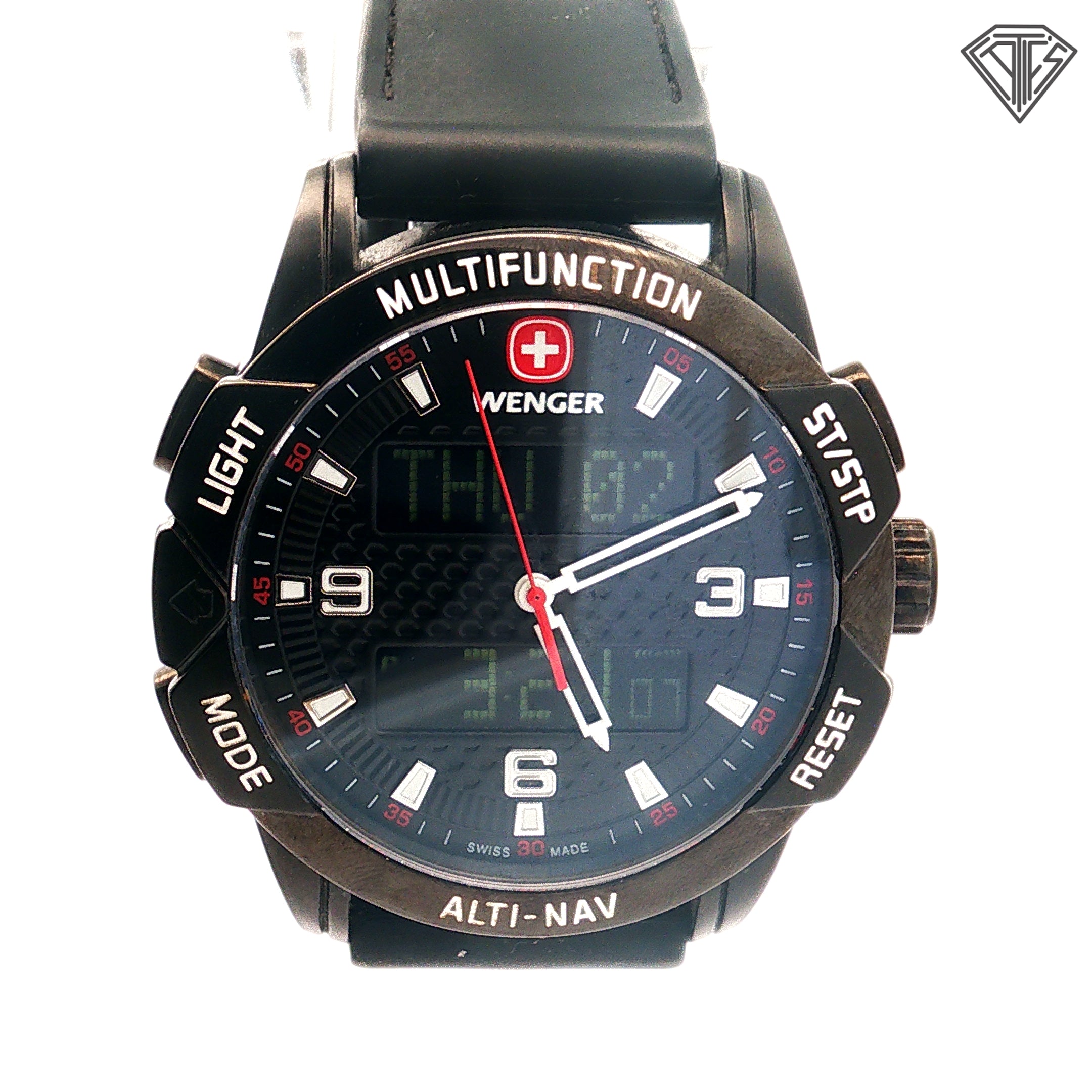 Pre-Owned Wenger Normad Watch /Led / Analog Digital / 43mm/ Stainless Steel/ Black Rubber Band/ Compass / Water Resistant/ Alarm