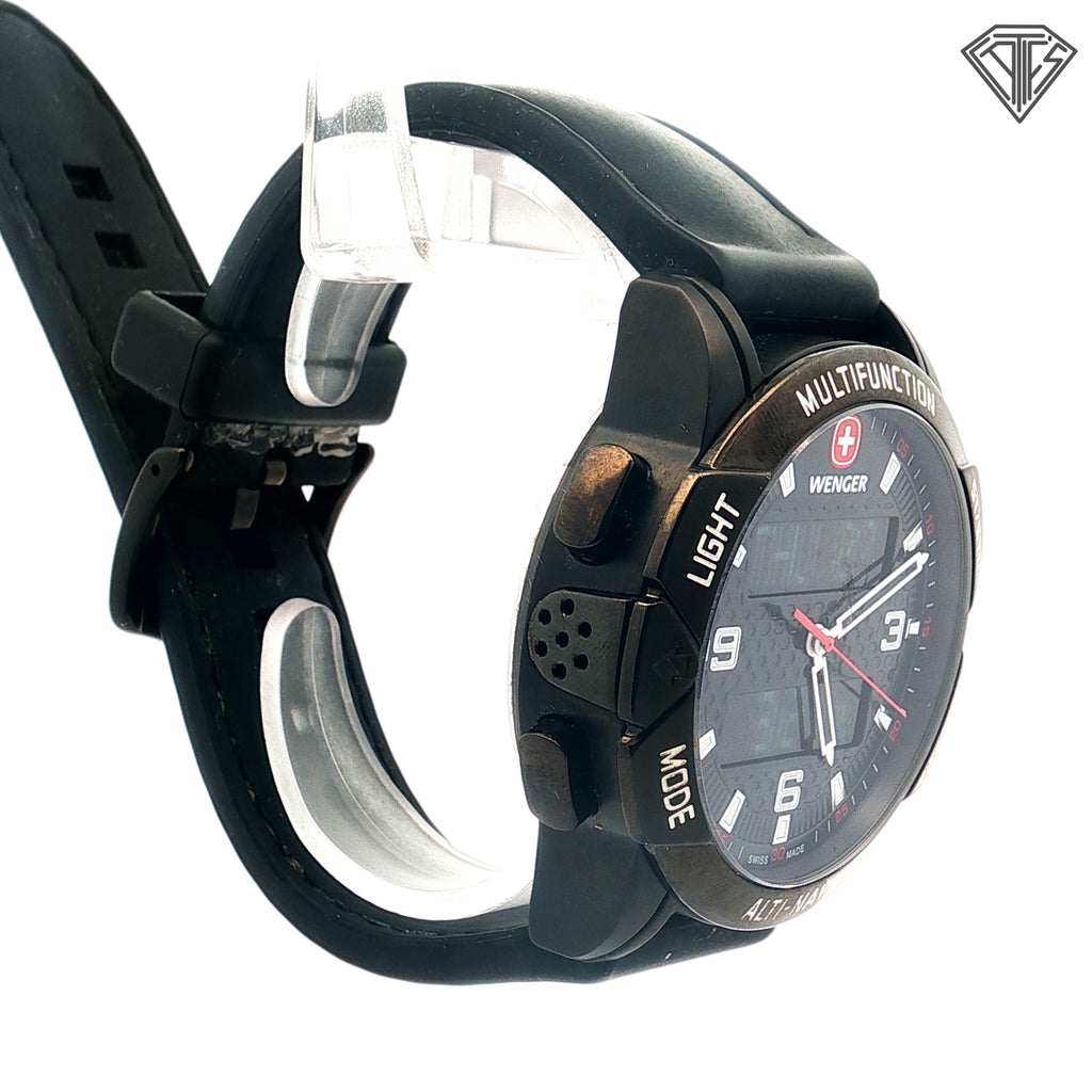 Pre-Owned Wenger Normad Watch /Led / Analog Digital / 43mm/ Stainless Steel/ Black Rubber Band/ Compass / Water Resistant/ Alarm