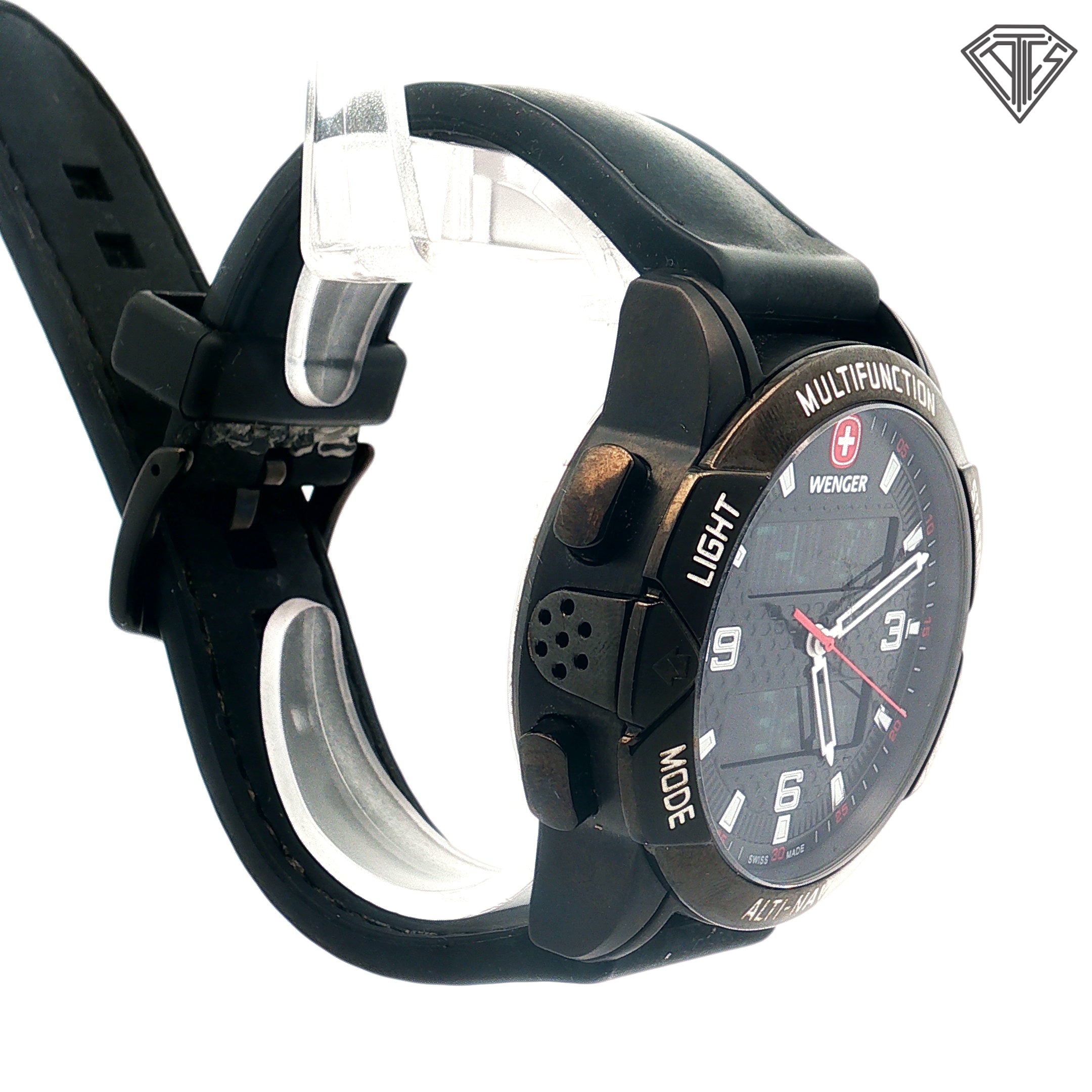 Pre-Owned Wenger Normad Watch /Led / Analog Digital / 43mm/ Stainless Steel/ Black Rubber Band/ Compass / Water Resistant/ Alarm