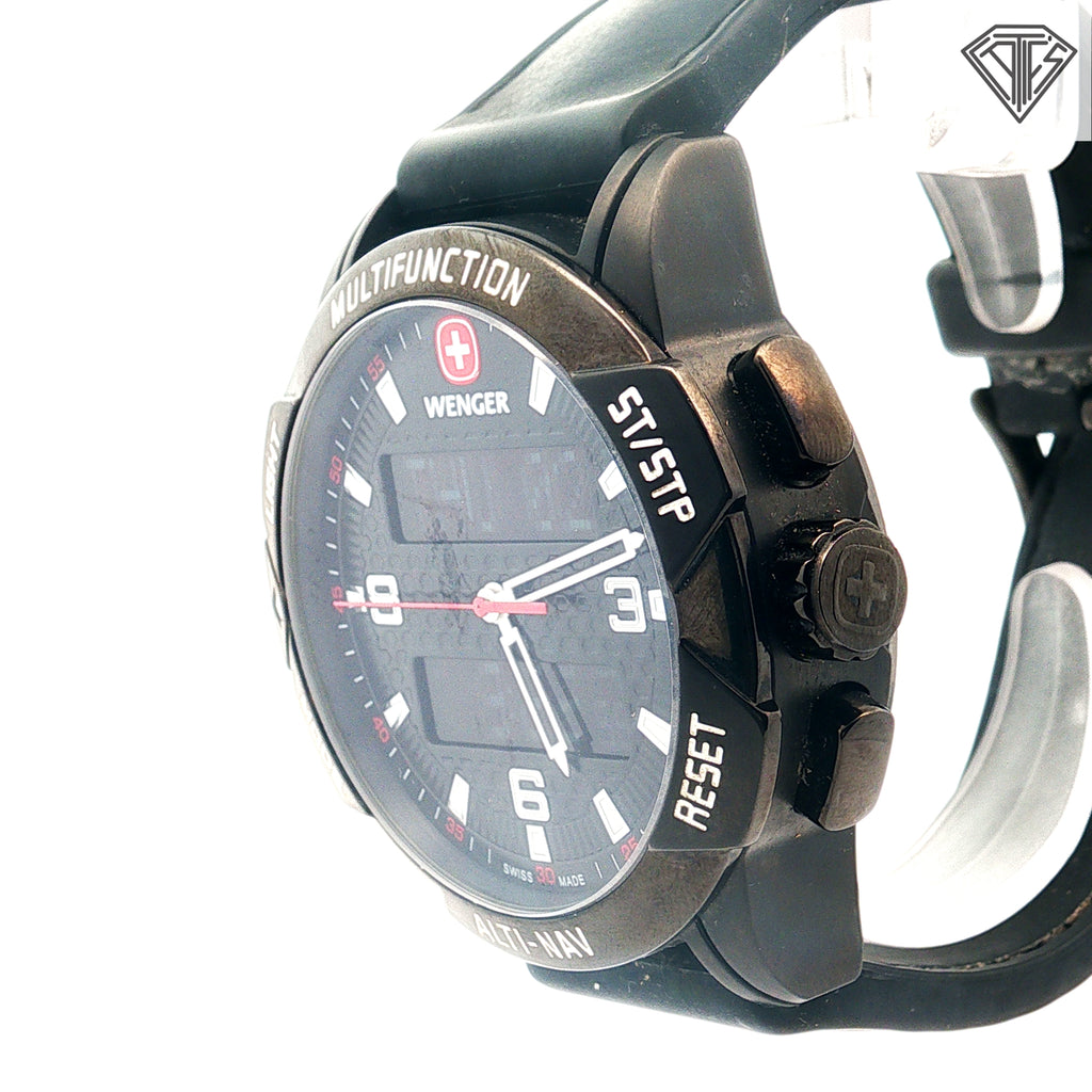Pre-Owned Wenger Normad Watch /Led / Analog Digital / 43mm/ Stainless Steel/ Black Rubber Band/ Compass / Water Resistant/ Alarm