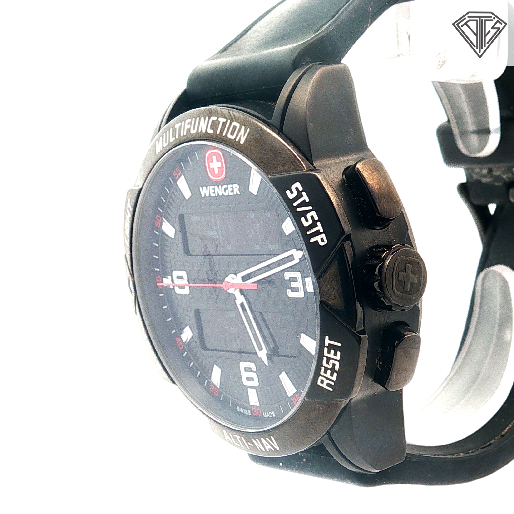 Pre-Owned Wenger Normad Watch /Led / Analog Digital / 43mm/ Stainless Steel/ Black Rubber Band/ Compass / Water Resistant/ Alarm