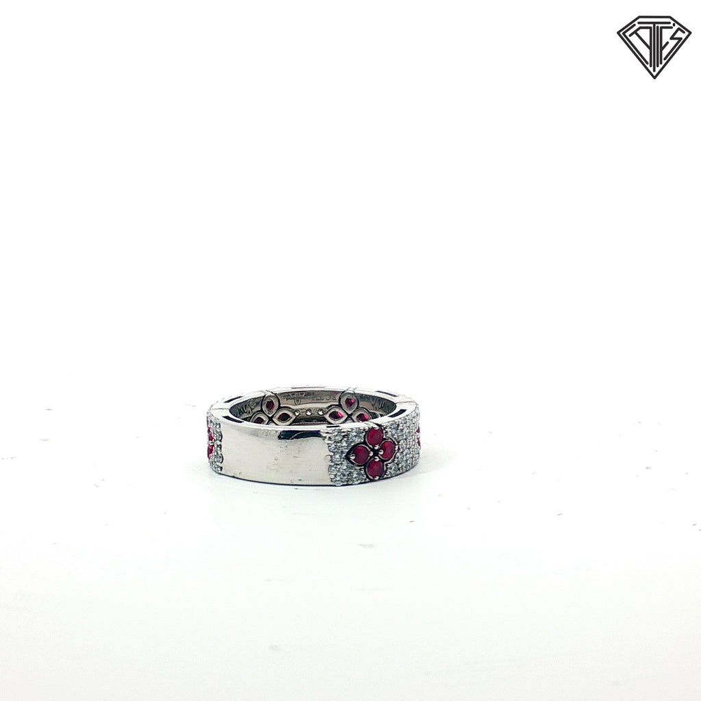 18k White Gold .93ct E/F VS1-VVS Round Diamond / .58ct Round Ruby Band  Size 7 Design By Roberto Coin  "Love in Verona "  5.8 gram