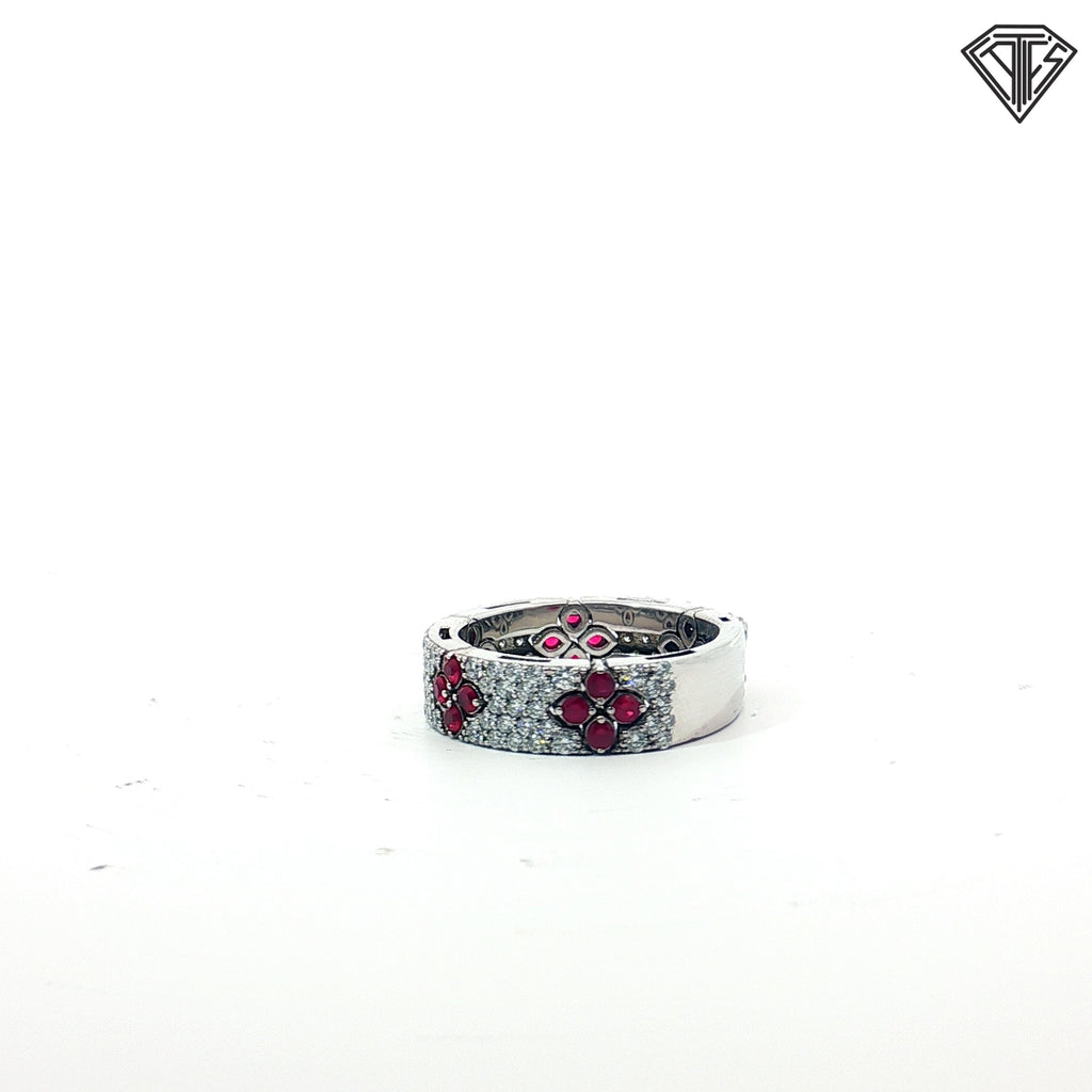 18k White Gold .93ct E/F VS1-VVS Round Diamond / .58ct Round Ruby Band  Size 7 Design By Roberto Coin  "Love in Verona "  5.8 gram
