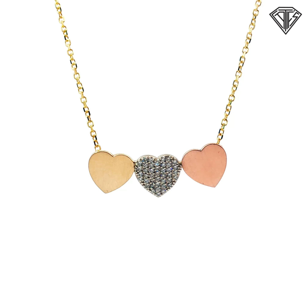 14k Tri-Color .35ct G VS2 Round Diamond Pave Heart Necklace 18"inch