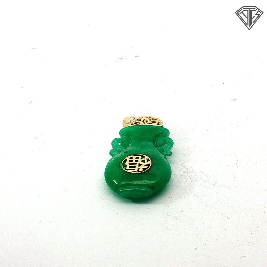 14k Yellow Gold Carved Green Jade Style Money Bag with Gold Tone Accent Pendant