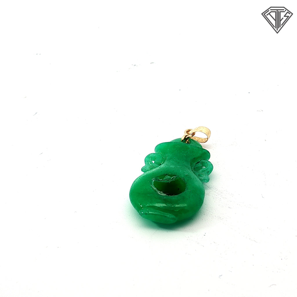 14k Yellow Gold Carved Green Jade Style Money Bag with Gold Tone Accent Pendant