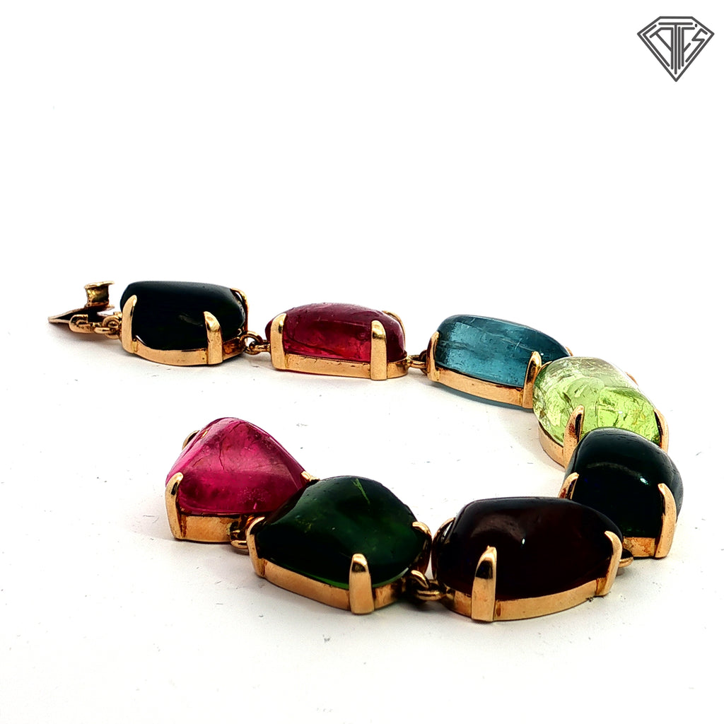 14k Yellow Gold 170ct Multi-Color Tourmaline Cabochon Link Bracelet/ Estate Statement Piece