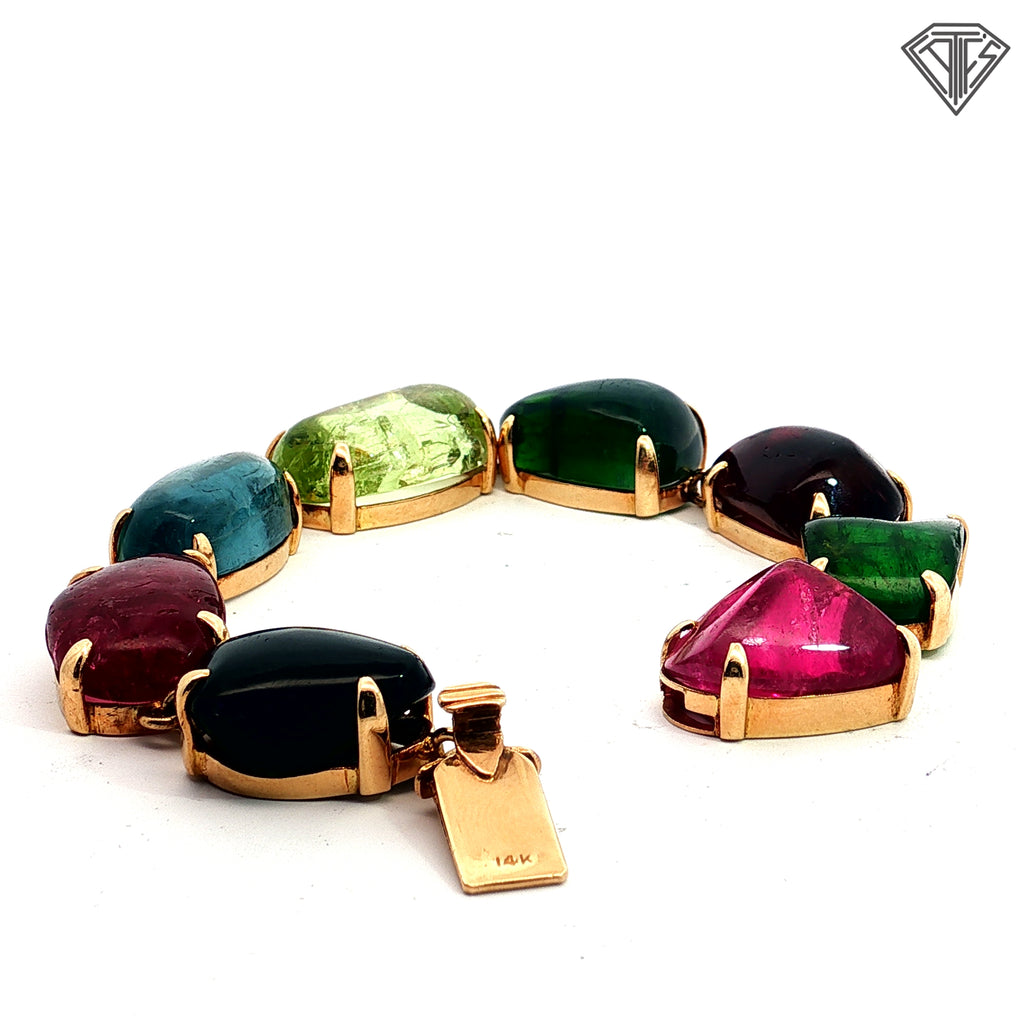 14k Yellow Gold 170ct Multi-Color Tourmaline Cabochon Link Bracelet/ Estate Statement Piece