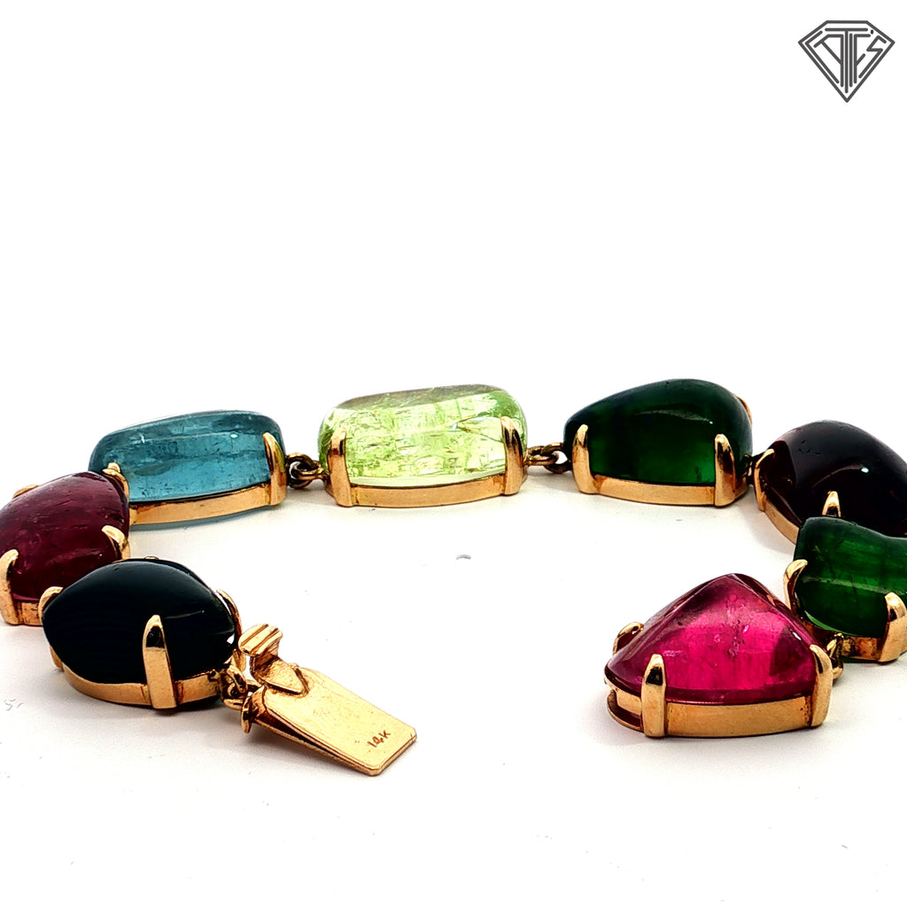 14k Yellow Gold 170ct Multi-Color Tourmaline Cabochon Link Bracelet/ Estate Statement Piece