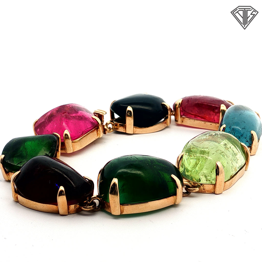 14k Yellow Gold 170ct Multi-Color Tourmaline Cabochon Link Bracelet/ Estate Statement Piece