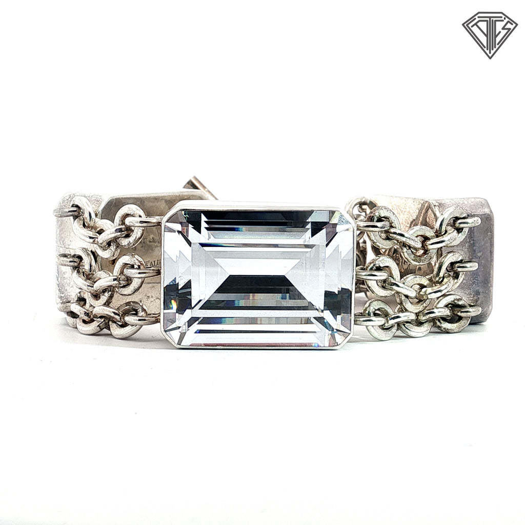 Pre-Loved Harlene Korey For Kalibre Sterling Silver Triple Emerald Cut Cubic Zirconium Station Bracelet 8" inch 135.7 gram
