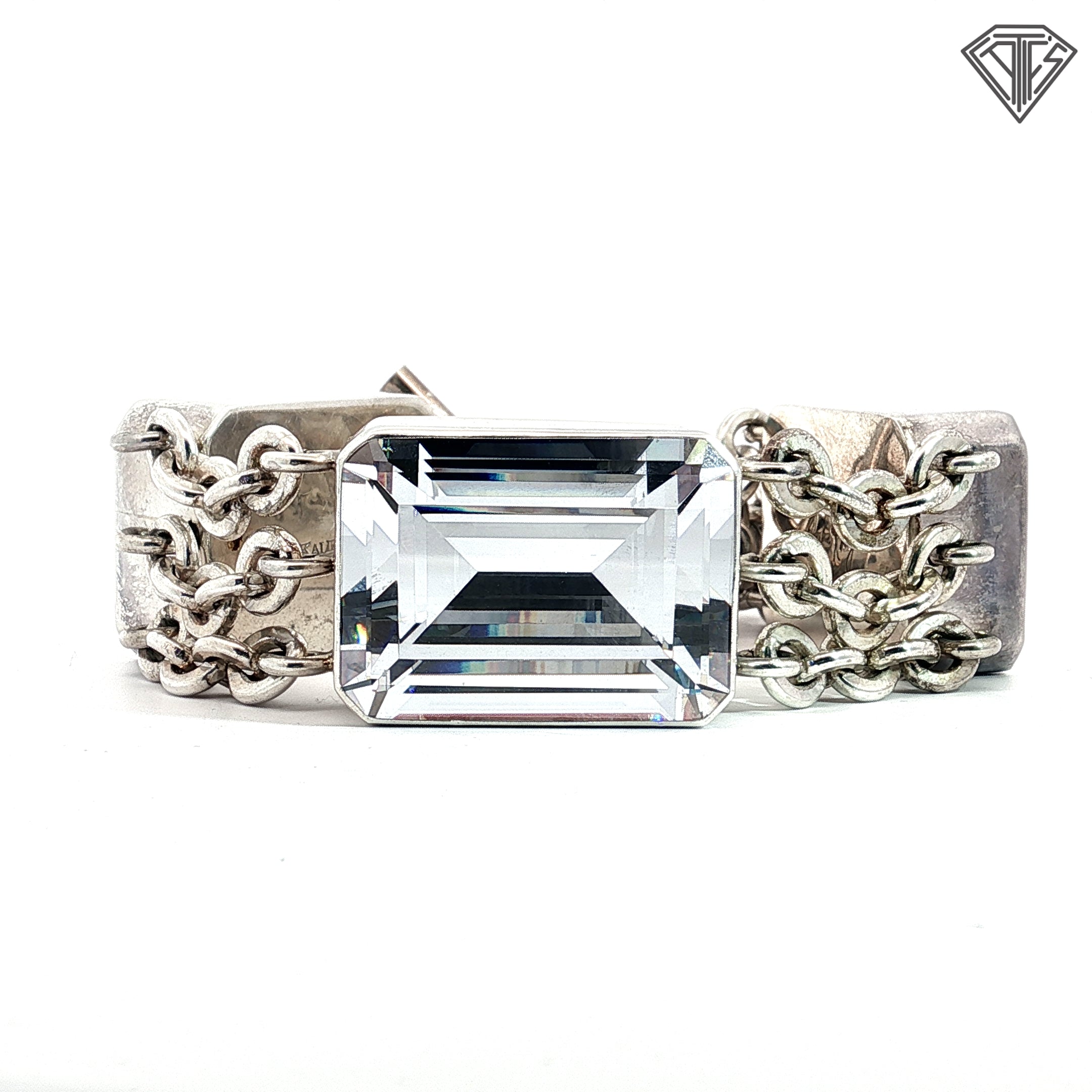 Pre-Loved Harlene Korey For Kalibre Sterling Silver Triple Emerald Cut Cubic Zirconium Station Bracelet 8" inch 135.7 gram