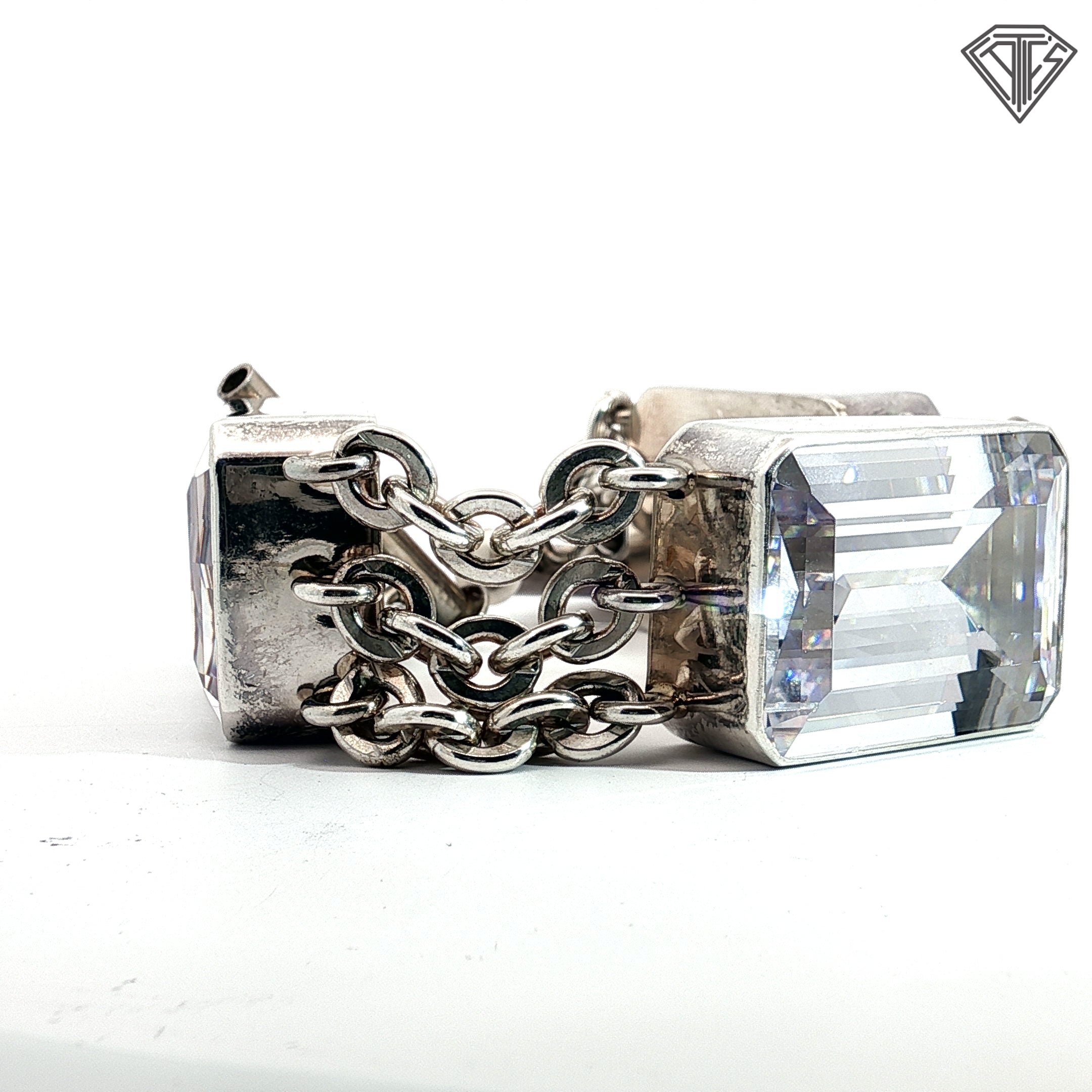 Pre-Loved Harlene Korey For Kalibre Sterling Silver Triple Emerald Cut Cubic Zirconium Station Bracelet 8" inch 135.7 gram