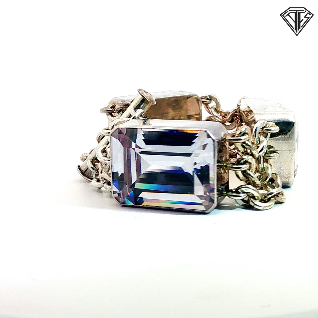 Pre-Loved Harlene Korey For Kalibre Sterling Silver Triple Emerald Cut Cubic Zirconium Station Bracelet 8" inch 135.7 gram