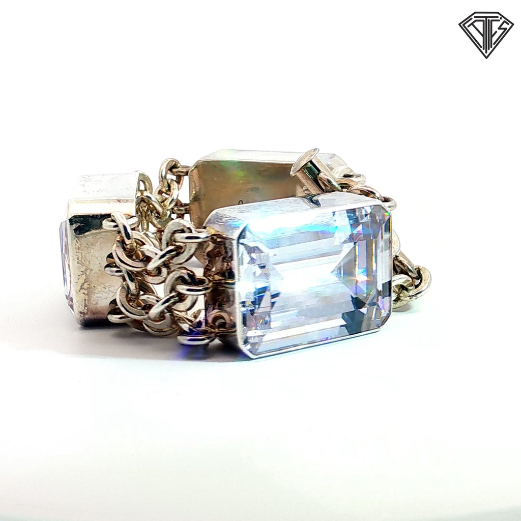 Pre-Loved Harlene Korey For Kalibre Sterling Silver Triple Emerald Cut Cubic Zirconium Station Bracelet 8" inch 135.7 gram